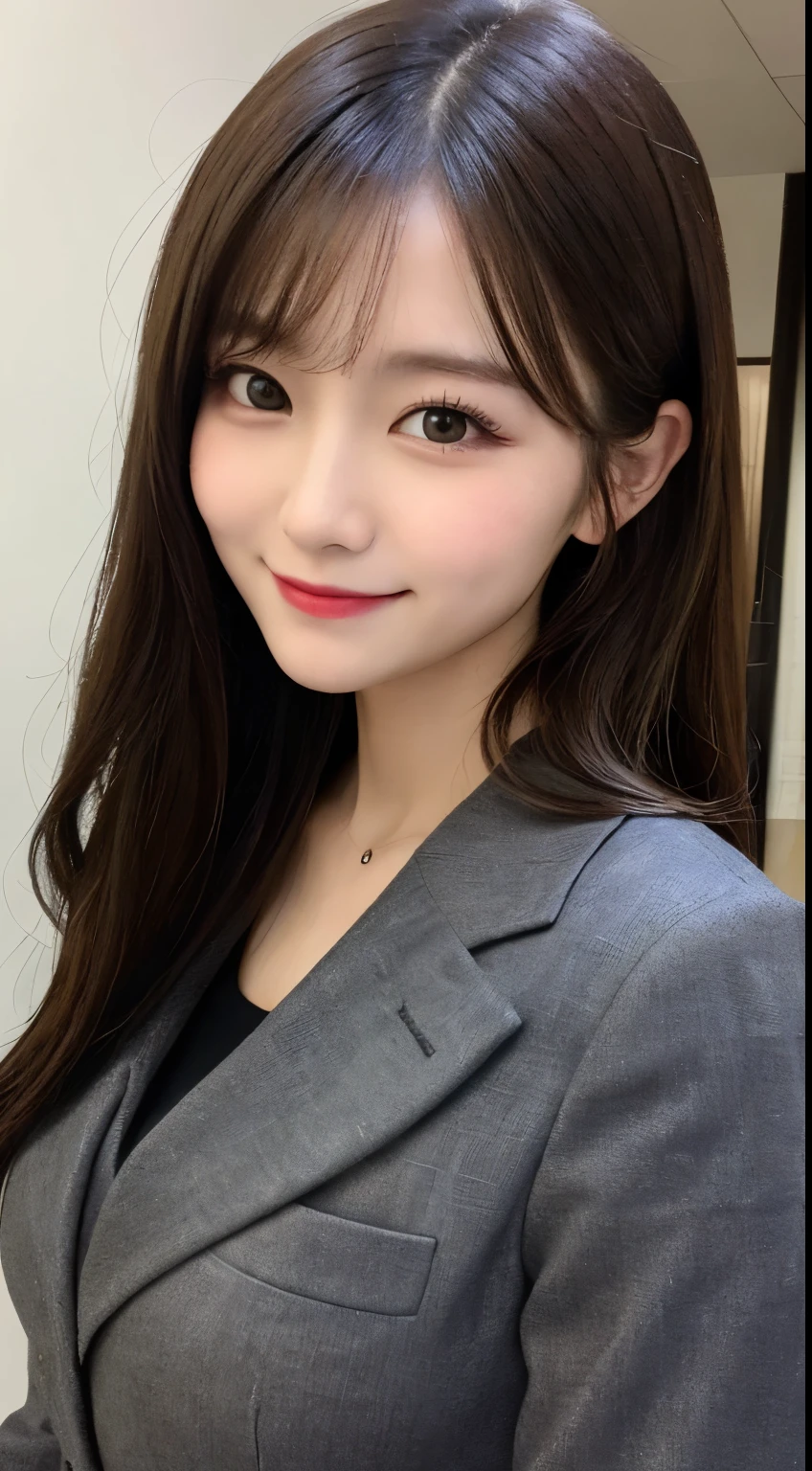 Tabletop, highest quality, shape, Very detailed, finely, High resolution, 8k wallpaper, 完璧なダイナミックな構shape, Beautiful and detailed, Nice spring clothes,Beautiful straight hair,Small breasts,Natural color lip, 20-year-old girl、cute、sexy shot looking at camera,Always blur the background,Perfect and beautiful face、Slim face and figure,Big eyes、Putting on gal makeup,Actual Photos(Best image quality)、Smile、Fashion magazine model pose、A shy smile、gorgeous suit、office Street、Ponytail Hair、Real Photo、blurred background