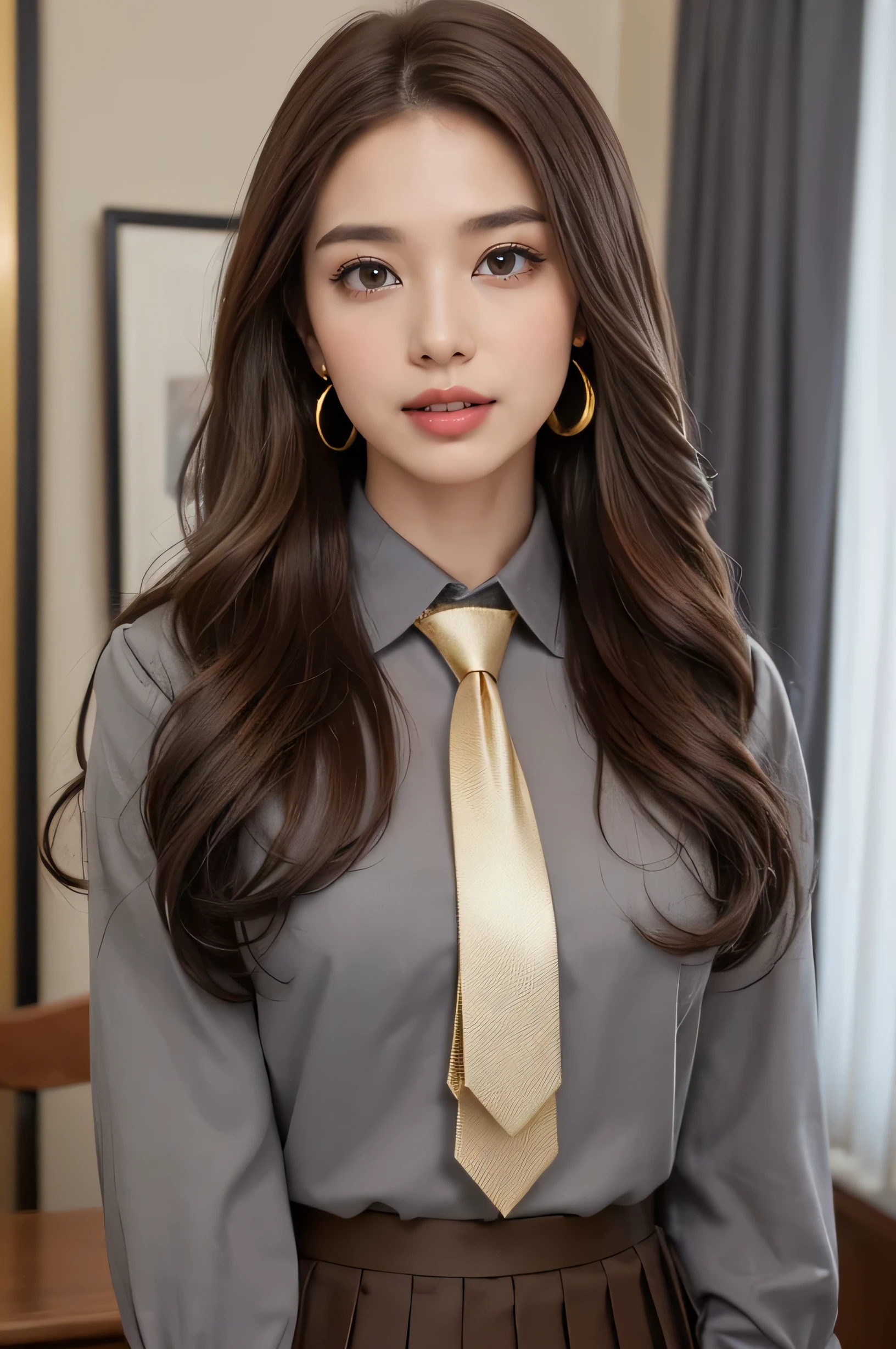 highest quality, masterpiece, 8k, Ultra-high resolution, (Realistic: 1.4), 1 girl, Beautiful Face, Symmetrical eyes, big, Perfect Body Proportions, ((((Extra long brown hair:1.2)))),((Loosely inward wavy hair:1.2)),((Gold Necklace＿Large earrings:1.2)), secretary、The viewer&#39;s gaze, (president&#39;office、blurred background), Front view, Absolute area (1.3),A kind smile、Seems kind、Cowboy Shot、((white collared blouse、dark grey pleated skirt with tie:1.3))
