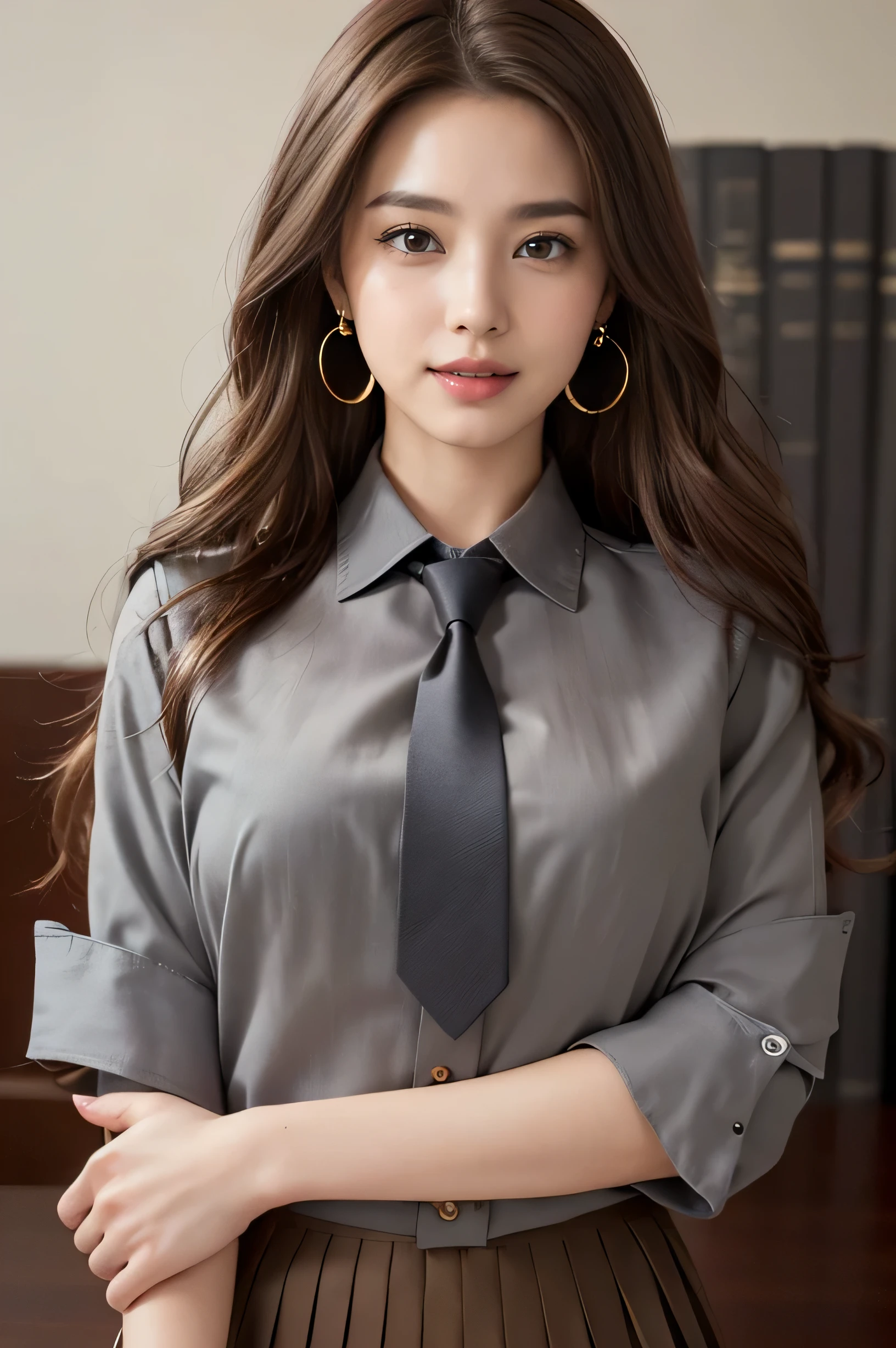 highest quality, masterpiece, 8k, Ultra-high resolution, (Realistic: 1.4), 1 girl, Beautiful Face, Symmetrical eyes, big, Perfect Body Proportions, ((((Extra long brown hair:1.2)))),((Loosely inward wavy hair:1.2)),((Gold Necklace＿Large earrings:1.2)), secretary、The viewer&#39;s gaze, (president&#39;office、blurred background), Front view, Absolute area (1.3),A kind smile、Seems kind、Cowboy Shot、((collared blouse、dark grey pleated skirt with tie:1.3))
