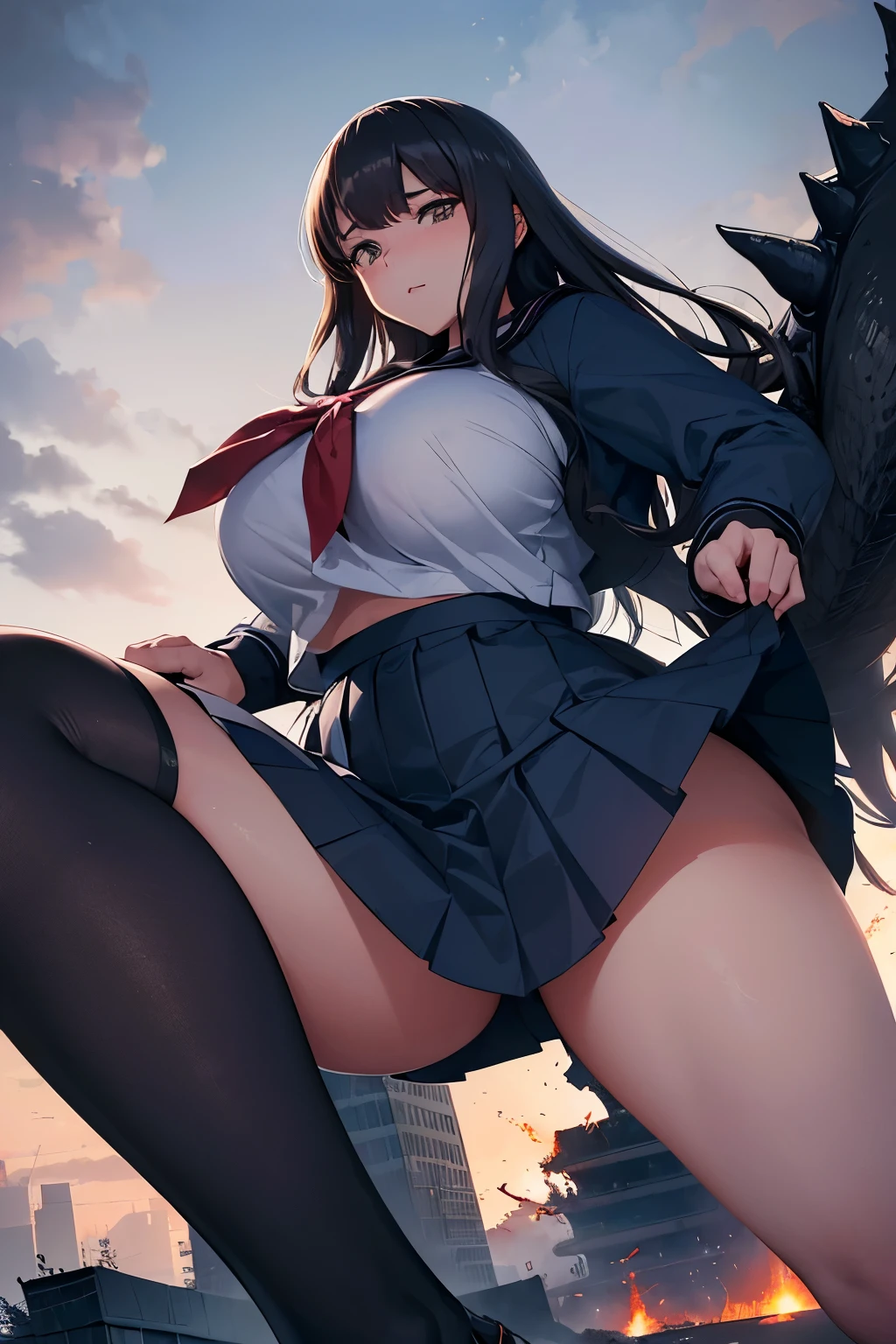 ((A high school girl as huge as Godzilla destroys a building)), Japanese sailor suit, navy blue pleated skirt, citizen's perspective, perspective looking up from below, glaring at the citizens at her feet, masterpiece, high definition,