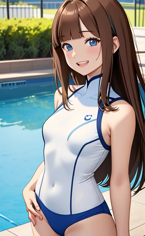 (masterpiece:1.4、top-quality、illustration:1.4,realistic、)、(character focus、breast focus,upper body)、(1girl),(Open mouth happy grin:1.3),(half closed eyes),cute face,blue eyes、(hand on own hip:1.3)、
,(stand:1.4),(Shining smile),
,(slender),(rash guard),(blunt bangs,long brown hair:1.6), (small breasts)、
、slender、pool,、