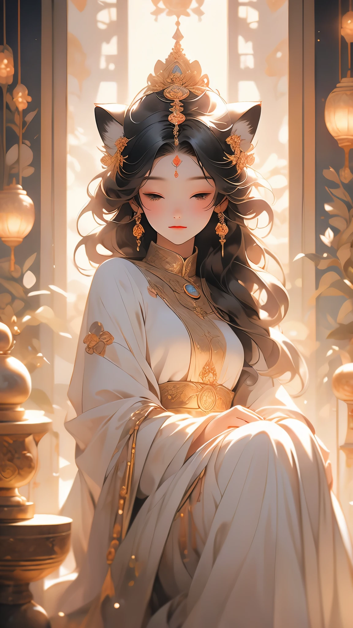 (1teenager:1.3),( ars old:1.3),slim body,white skin,black hair,long hair,dress,white hair,cat ears,A pious little quiet,Close one's eyes and pray,Statue of Buddha,Cozy temple,The morning light filtered through the window,Soft light,Quiet atmosphere,Peace of mind,Soothing of the soul,Feeling of happiness