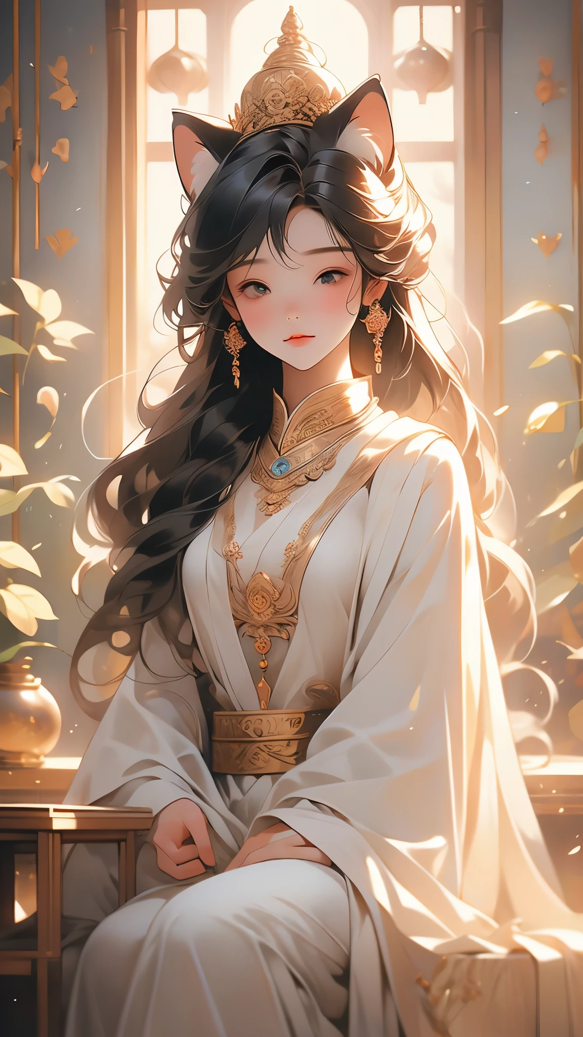 (1teenager:1.3),( 13years old:1.3),slim body,white skin,black hair,long hair,dress,white hair,cat ears,A pious little quiet,Close one's eyes and pray,Statue of Buddha,Cozy temple,The morning light filtered through the window,Soft light,Quiet atmosphere,Peace of mind,Soothing of the soul,Feeling of happiness