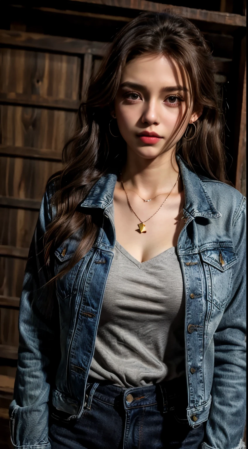 1girl, solo, long hair, jewelry, jacket, necklace, brown hair, denim jacket, looking at viewer, red jacket, upper body, denim, shirt, realistic, closed mouth, wavy hair, grey eyes, lips, pocket, open jacket, open clothes, earrings