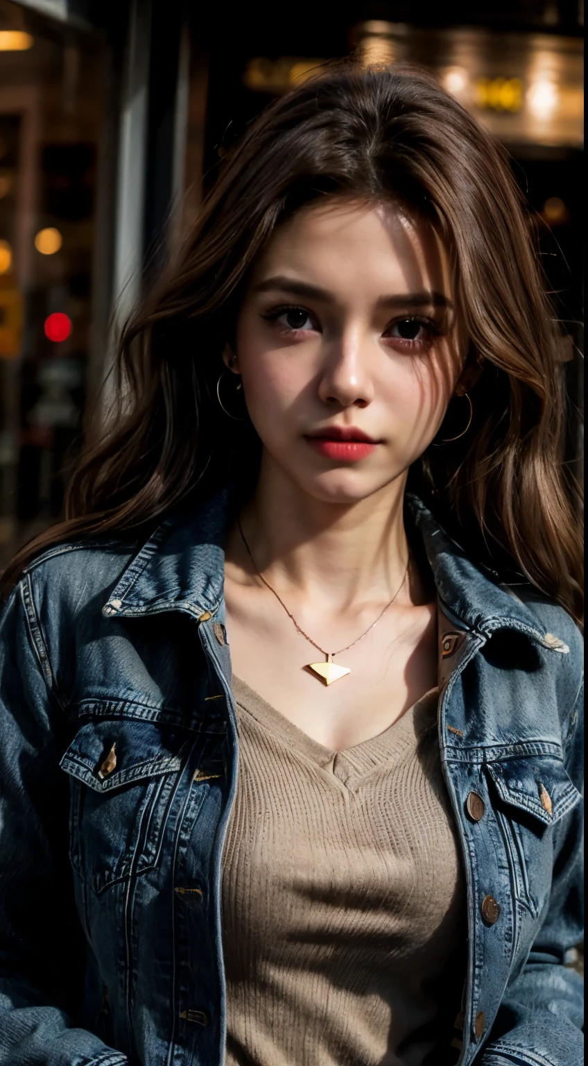 1girl, solo, long hair, jewelry, jacket, necklace, brown hair, denim jacket, looking at viewer, red jacket, upper body, denim, shirt, realistic, closed mouth, wavy hair, grey eyes, lips, pocket, open jacket, open clothes, earrings