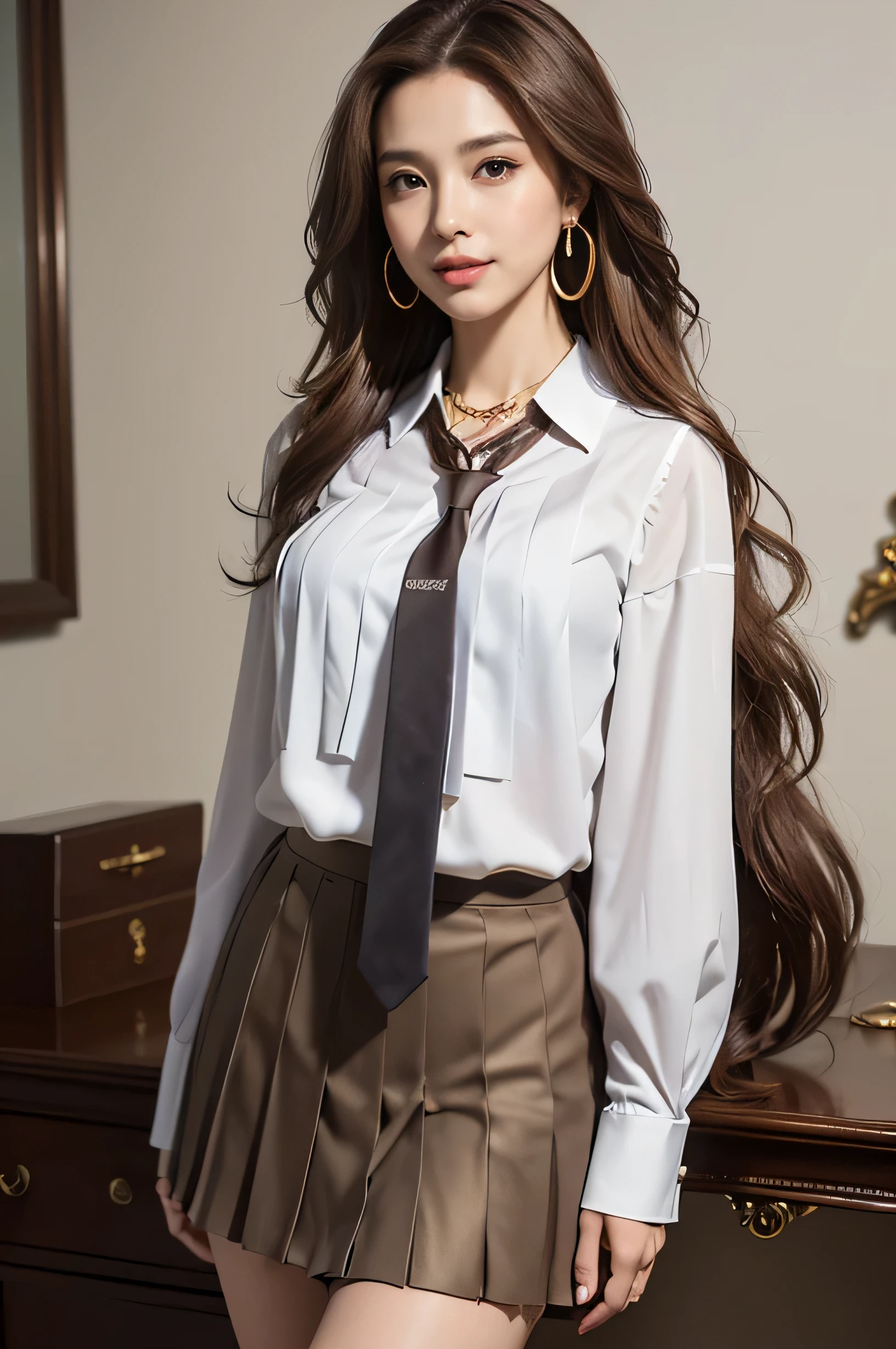 highest quality, masterpiece, 8k, Ultra-high resolution, (Realistic: 1.4), 1 girl, Beautiful Face, Symmetrical eyes, big, Perfect Body Proportions, ((((Extra long brown hair:1.2)))),((Loosely inward wavy hair:1.2)),((Gold Necklace＿Large earrings:1.2)), secretary、The viewer&#39;s gaze, (president&#39;office、blurred background), Front view, Absolute area (1.3),A kind smile、Seems kind、Cowboy Shot、((white collared blouse、dark grey pleated skirt with tie:1.3))((full figure supermodel standing, entire body in frame))fullbody shot、