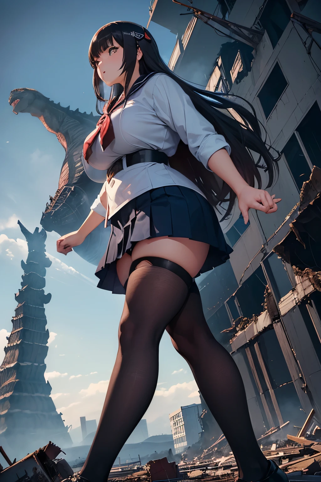 ((A high school girl as huge as Godzilla destroys a building)), Japanese sailor suit, navy blue pleated skirt, citizen's perspective, perspective looking up from below, glaring at the citizens at her feet, masterpiece, high definition,