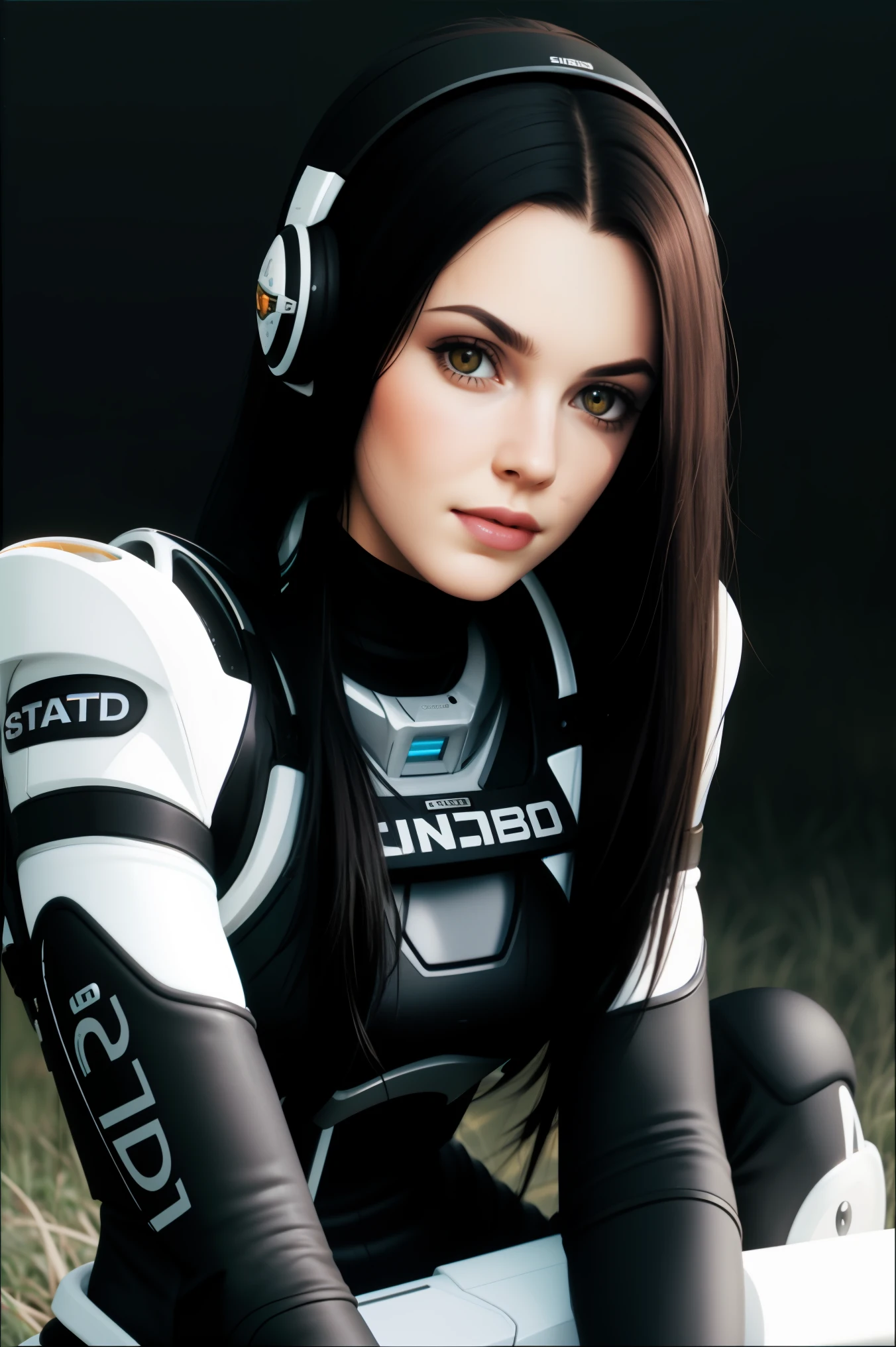 Surreal female SWAT,An affectionate smile,Close-up of melon seeds' face,Long black hair fills the light,Highlight face detail,Meadow river at night,Fighting posture(high light),Full body photo(Real Human)Natural realism,Black police uniform,Fill your face light,Villas,fresh flowers,A high resolution。