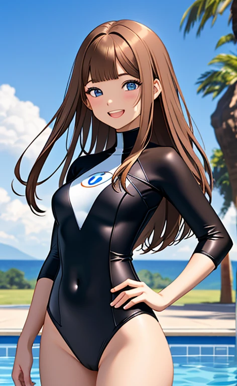 (masterpiece:1.4、top-quality、illustration:1.4,realistic、)、(character focus、breast focus,upper body)、(1girl),(Open mouth happy grin:1.3),(half closed eyes),cute face,blue eyes、(hand on own hip:1.3)、
,(stand:1.4),(Shining smile),
,(slender),(rash guard),(blunt bangs,long brown hair:1.6), (small breasts)、
、slender、pool,、