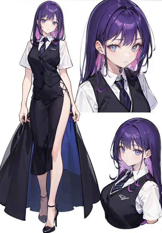 ((Perfect Face)),Purple Hair,voluminous long hair,1 female,bartender,suit,Black vest,Shirt with rolled up sleeves,tie,slit,High heels,,((Simple Background)),smile,((whole body)),((whole body)),Portraiture,virtual,upright,,Both arms are down,Standing upright with face and body facing forward,