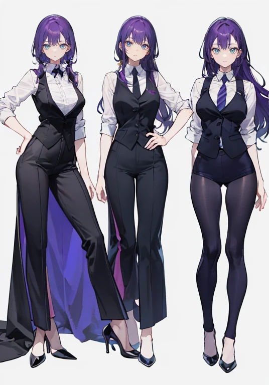 ((Perfect Face)),Purple Hair,voluminous long hair,1 female,bartender,suit,Black vest,Shirt with rolled up sleeves,tie,slit,High heels,,((Simple Background)),smile,((whole body)),((whole body)),Portraiture,virtual,upright,,Both arms are down,Standing upright with face and body facing forward,