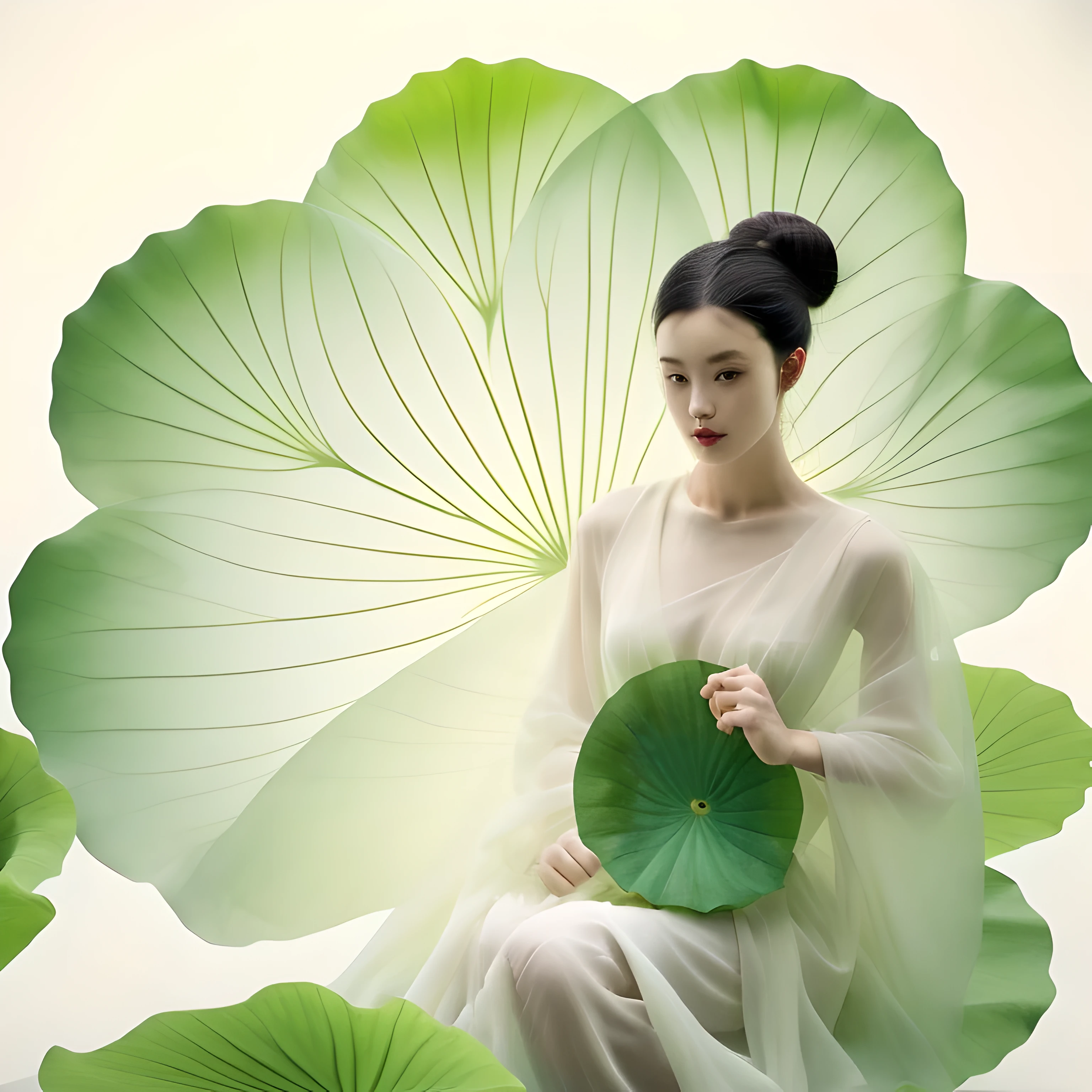 A girl，solo，Giant lotus leaf，Black Hair，dress，Looking at the audience，White skirt，Hair Bun，
Sitting，单Hair Bun，Leaves，Long sleeve，Red lips，Realism
