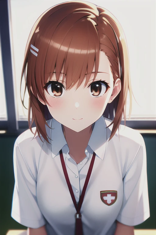 masterpiece, best quality, misaka_mikoto, brown eyes, short_hair, small_breast, looking at viewer, solo, closed_mouth, collared_shirt, school_uniform, shirt, white_shirt, classroom