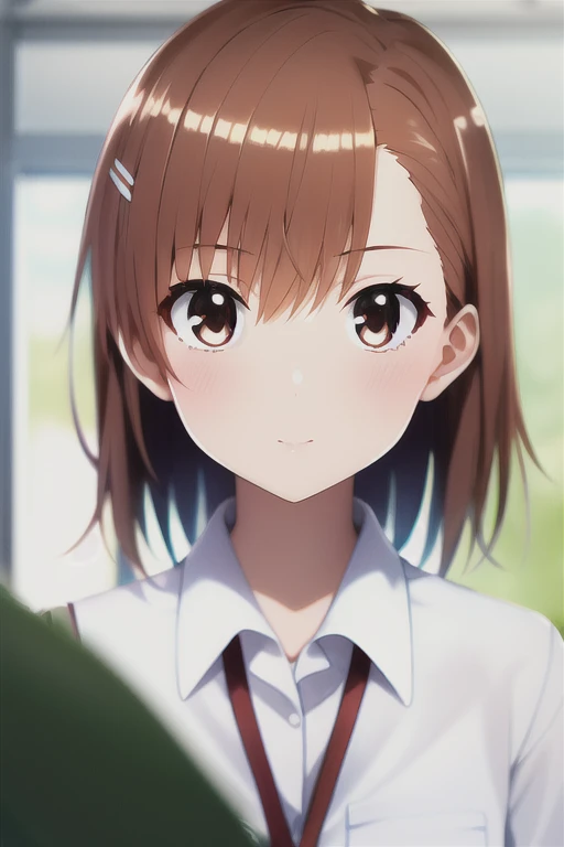 masterpiece, best quality, misaka_mikoto, brown eyes, short_hair, small_breast, looking at viewer, solo, closed_mouth, collared_shirt, school_uniform, shirt, white_shirt, classroom