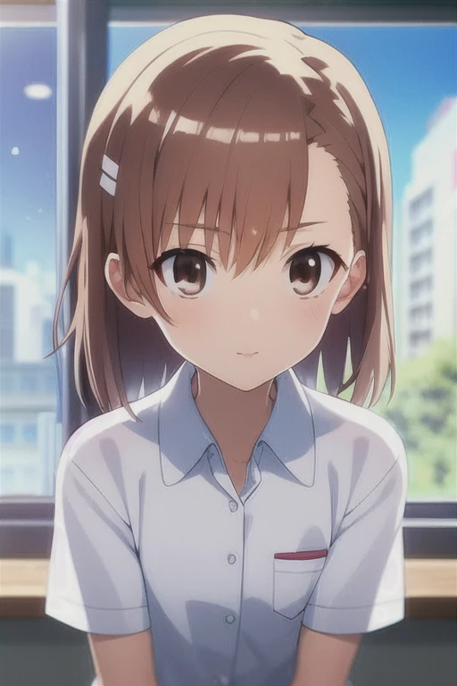 masterpiece, best quality, misaka_mikoto, brown eyes, short_hair, small_breast, looking at viewer, solo, closed_mouth, collared_shirt, school_uniform, shirt, white_shirt, classroom