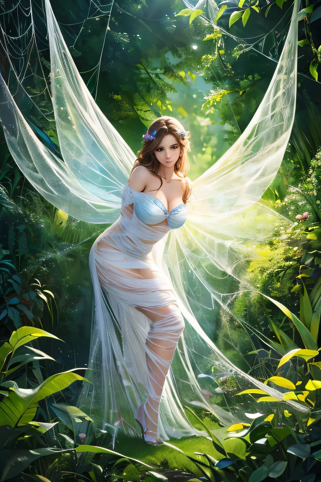 (best quality,photorealistic),a beautiful fairy stuck in the dense cobweb in the garden,hanging in the spider web with her hands above her head, cocoon, vibrant colors,soft lighting, intricate details, delicate wings,spider web