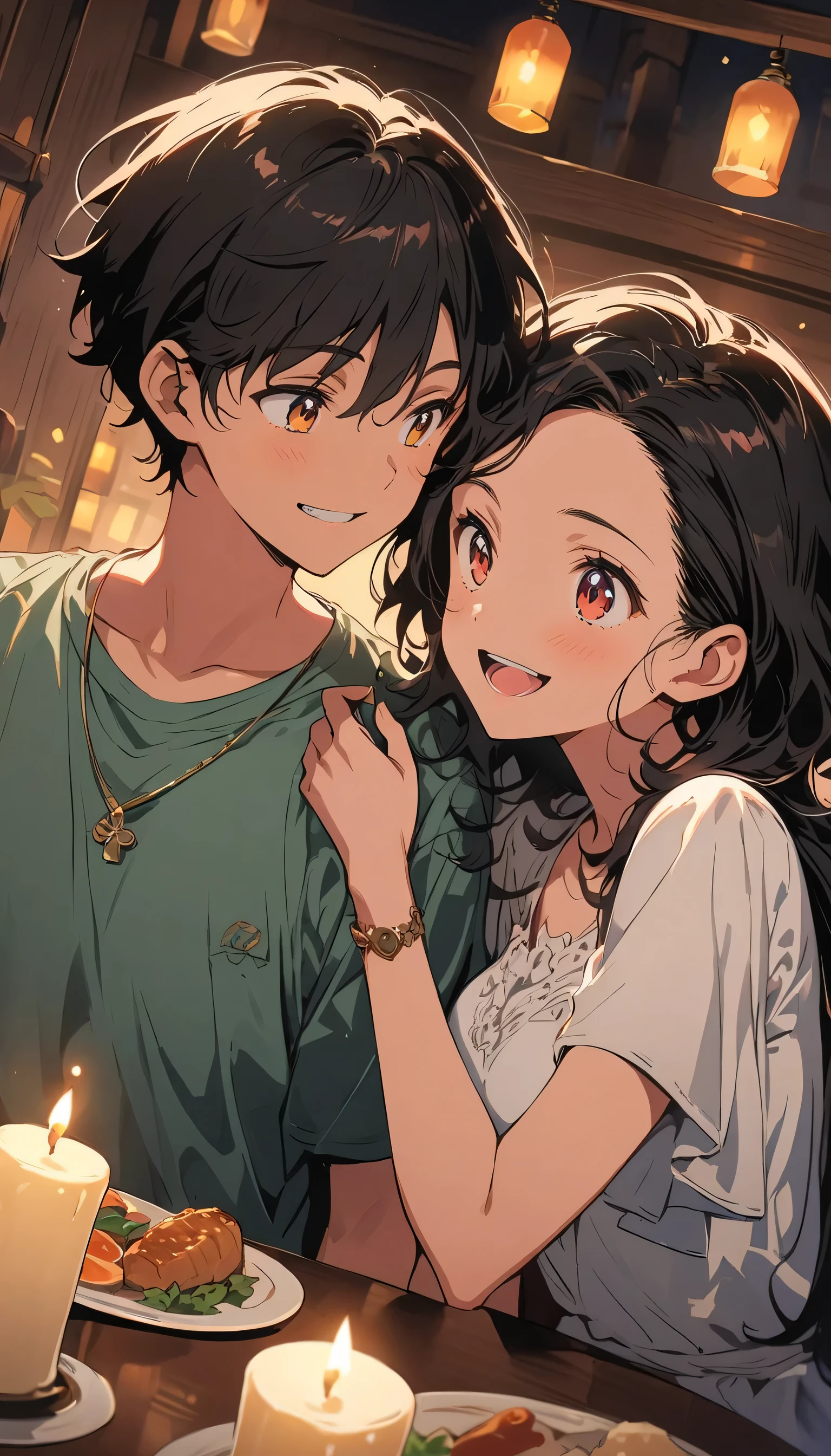 (highest quality、masterpiece、High resolution、detailed)Anime Style、flat style、(Shining Eyes、Beautiful Face),  BREAK,anime style, super fine illustration, highly detailed, dynamic angle, beautiful detailed, 8k, At night, in a restaurant with a candle-lit ambiance, BREAK a couple sits at a table, happily gazing at each other. BREAK They raise their glasses of wine, toasting to their happiness.