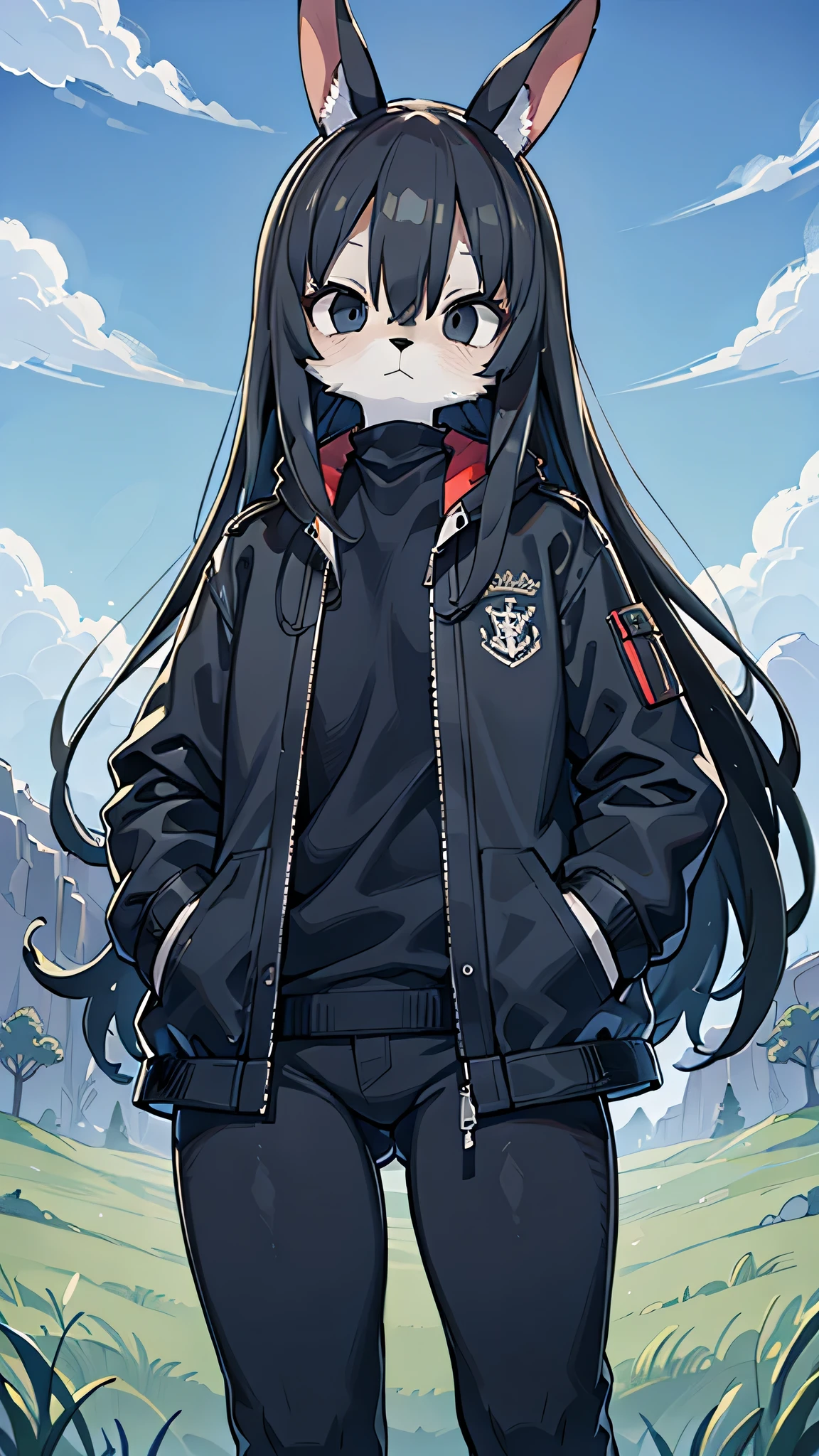 (masterpiece, highest quality))), Intricate details, 8k, Black rabbit ears, One Man, Slender figure, anime, Tall, Black hair color, black coat, black pants, furry, In the middle, Black eyes, A little long hair, grassland, Expressionless, Black clothes, Hands in pockets