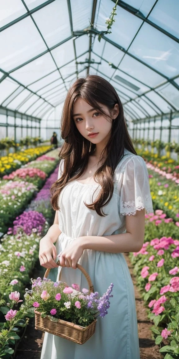 beautiful, charming, natural girl, nature lover in a greenhouse, tending to blooming flowers, peaceful