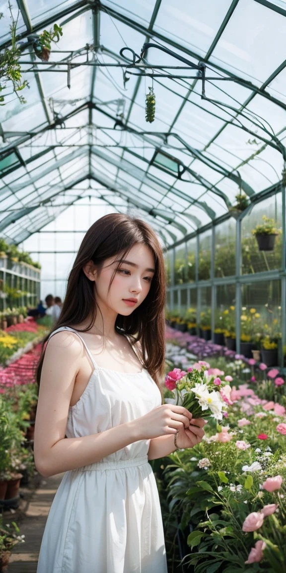 beautiful, charming, natural girl, nature lover in a greenhouse, tending to blooming flowers, peaceful