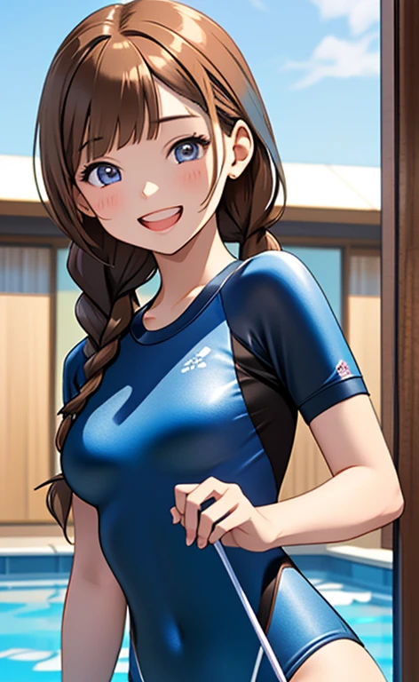 (masterpiece:1.4、top-quality、illustration:1.4,realistic、)、(character focus、breast focus,upper body)、(1girl),(Open mouth happy grin:1.3),(half closed eyes),cute face,blue eyes、(hand on own hip:1.3)、
,(stand:1.4),(Shining smile),
,(slender),(rash guard),(braided bangs,long brown hair:1.6), (small breasts)、
、slender、pool,、