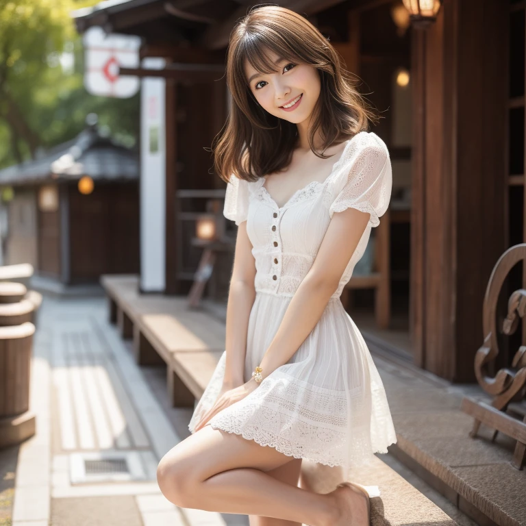 A woman in her fifties wearing a white dress posing on a wooden bench, a Cute young woman, Cute young woman, wearing cute white dress, Beautiful Japanese girl face, 若くてpretty girl, Japanese Model, Young and cute gravure idol, Chiho, Beautiful Asian Girl, Young Japanese girl, An innocent smile, Cute young girl, pretty girl, Cute smile