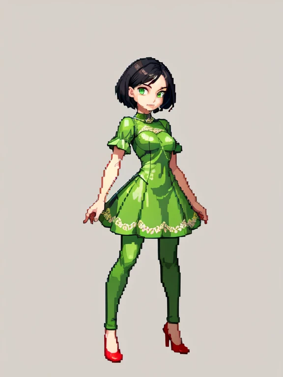 (masterpiece, top quality, best quality), pixel,pixel art,1women,green dress,red shoes,red pants,shortblack hair,full body,