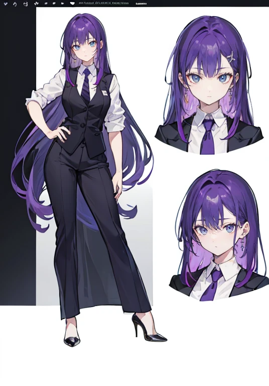 ((Perfect Face)),Purple Hair,voluminous long hair,1 female,bartender,suit,Black vest,Shirt with rolled up sleeves,tie,slit,High heels,,((Simple Background)),smile,((whole body)),((whole body)),Portraiture,virtual,upright,,Both arms are down,Standing upright with face and body facing forward,