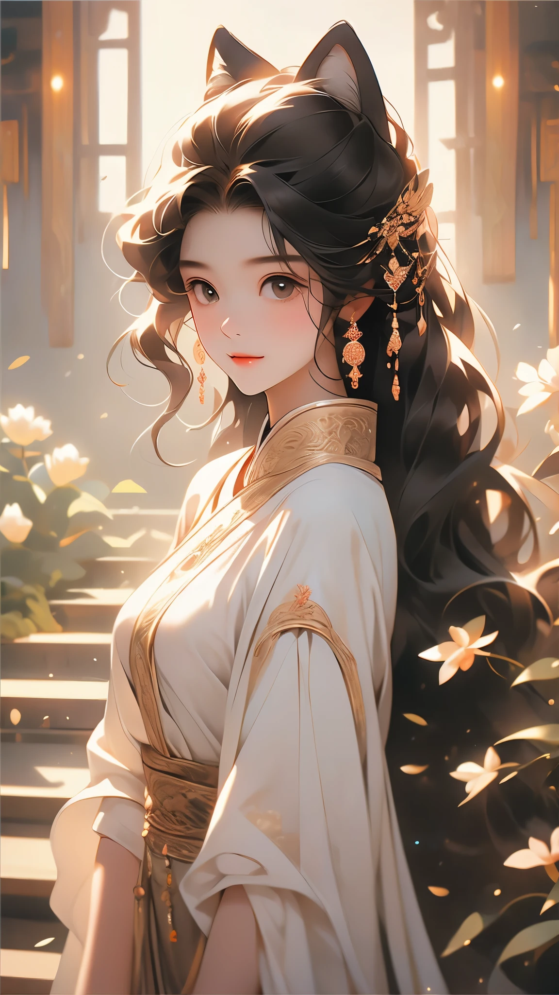 (1teenager:1.3),( 13years old:1.3),slim body,white skin,black hair,long hair,dress,white hair,cat ears,The incarnation of Buddha,Young woman,Long black hair,Deep brown eyes,Smooth skin,smile,In kasaya,Hands out,Sacred atmosphere,The morning sun is shining.,close-up