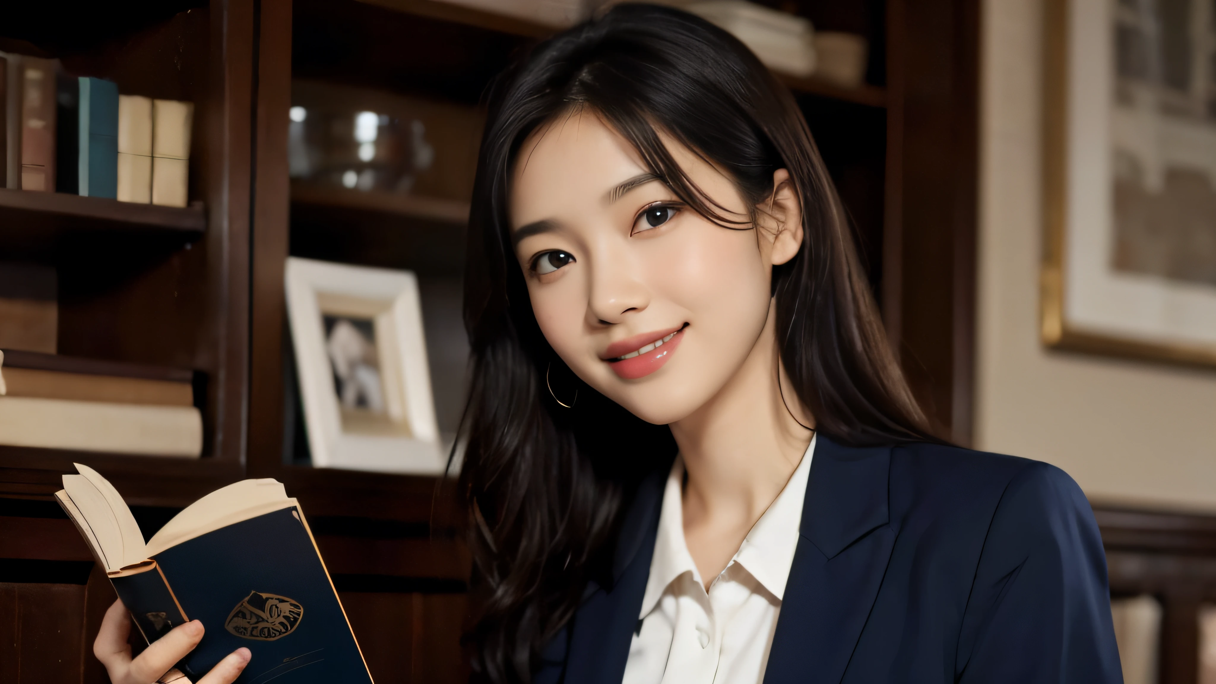 (Realistic: 1.4), (highest quality: 1.4), (Fine grain), Full body shot, ((Blur the background)), ((Reading a book)), ((One adult woman)), Black Hair, ((Navy blue suit)), Wide eyes, Blushed face, ((smile)), ((Cafe)), Highly detailed face and skin texture, Healthy Skin, 8k resolution