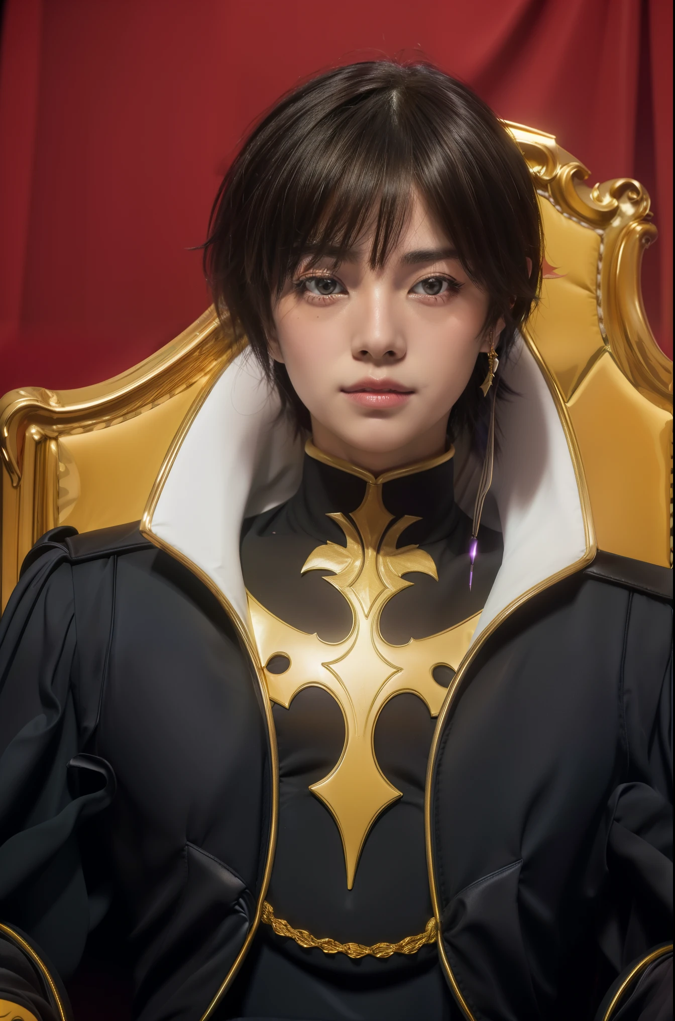 (Night:1.7), Castle, sitting at attention,sitting on throne,(Close-Up), yellow and black outfit ,holding_staff,black coat, lelouch_lamperouge, black_hair,purple_eyes, 1 man, 20yo,male,Beautiful FingerBeautiful body,Beautiful Nose,Beautiful character design, perfect eyes, perfect face, looking at viewer, NSFW,official art,extremely detailed CG unity 8k wallpaper, perfect lighting,Colorful, Bright_Front_face_Lighting, (masterpiece:1.0),(best_quality:1.0), ultra high res,4K,ultra-detailed, photography, 8K, HDR, highres, absurdres:1.2, Kodak portra 400, film grain, blurry background, bokeh:1.2, lens flare, (vibrant_color:1.2)