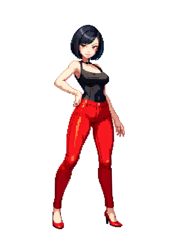 (masterpiece, top quality, best quality), pixel,pixel art,1women,,red shoes,red pants,shortblack hair,full body, 
 