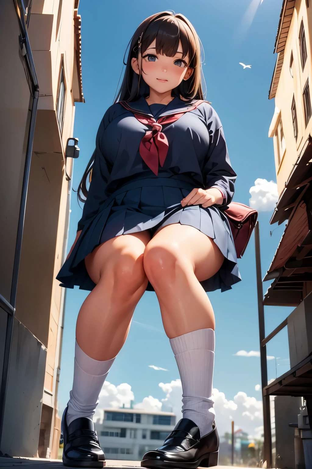 ((A high school girl as huge as Godzilla destroys a building)), Japanese sailor suit, navy blue pleated skirt, citizen's perspective, perspective looking up from below, glaring at the citizens at her feet, masterpiece, high definition,