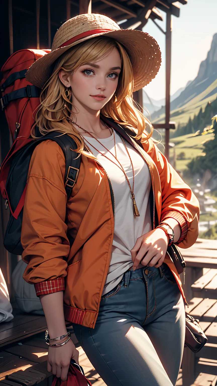 ((最high quality, 8K, masterpiece: 1.3, Ultra HD, high quality, 最high quality, High resolution, realism)) 、A 22-year-old extremely beautiful white woman、Hair color blonde、blue eyeedium Hair、Straight Hair、smile、Slender but well-proportioned body、Background blur((depth of field))、Aerial perspective((atmospheric perspective))、I want my head to stay off screen、Wearing accessories on the wrist、Put an anklet on your ankle、Wearing red nail polish、I have a peticure、In the Scottish wilderness、Wear a windbreaker、wear jeans、Wear trekking shoes、Carry a large backpack on your back、Wearing a Tyrolean hat、Pointing to the red feather