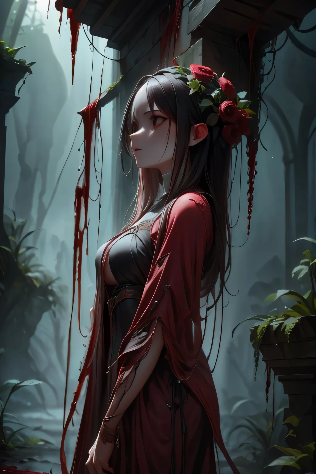 最high quality, high quality, Highly detailed 8K wallpapers、Gloomy atmosphere、Dark fantasy、Ruins filled with rotting organs、Ground infested with carnivorous plants、A walking adventurer who is dying、（woman covered in blood、Black Cape、Black Bondage、bandage、）