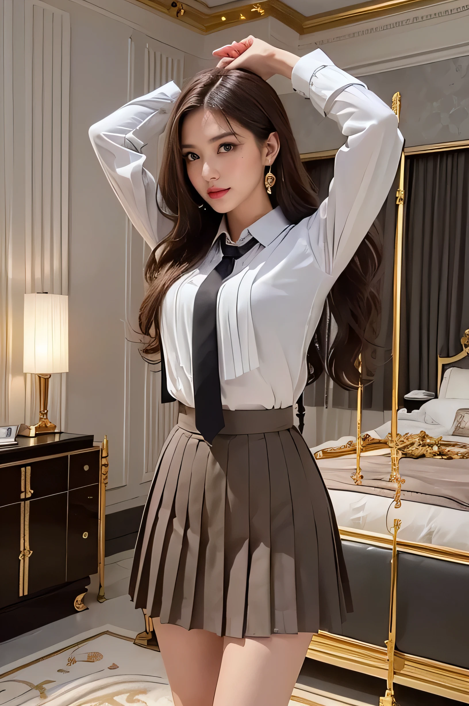 ((Parallel perspective)), ((Side shooting)), ((realistic)), ((Standing posture, Stand up, legs crossed)), inside a classroom, 1girll, looking toward the viewer, (grin, Leaking teeth), Asian model, curlies, Air bangs, Beautiful hair accessories, Brownish-yellow hair,((white business suit, neck bowtie, a black pleated skirt)), ((Campus style)), (warm lights, a warm color palette), Detailed details, ultra-detailliert, (tmasterpiece, best qualtiy), (An extremely delicate and beautiful work), Delicate earrings, Simple blurred background, Extreme detail description, Ultra-fine painting, Delicate face, slim toned body