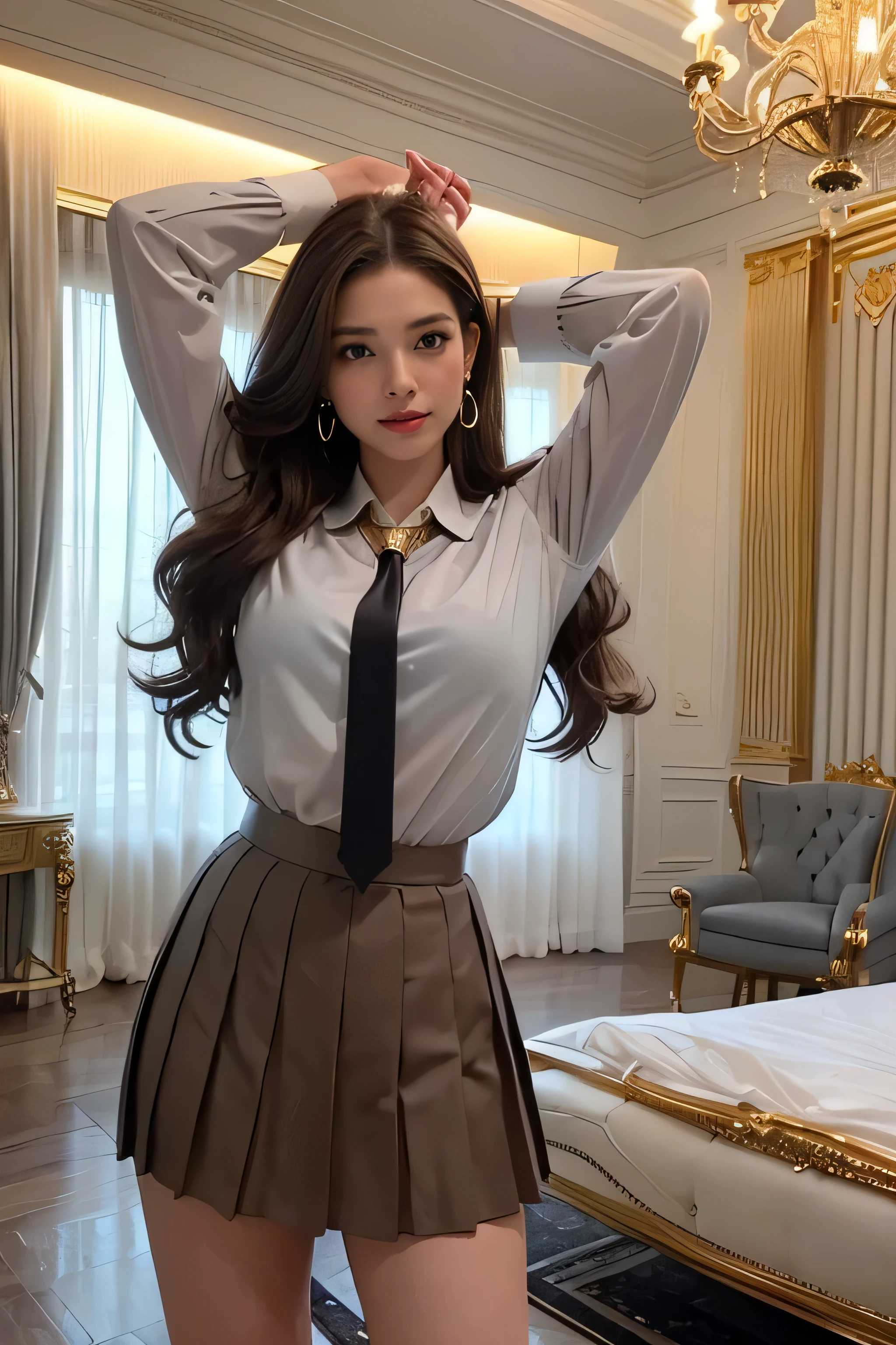 highest quality, masterpiece, 8k, Ultra-high resolution, (Realistic: 1.4), 1 girl, Beautiful Face, Symmetrical eyes, big, Perfect Body Proportions, ((((Extra long brown hair:1.2)))),((Loosely inward wavy hair:1.2)),((Gold Necklace_Large earrings:1.2)), The viewer's gaze, (((in a Luxurious room:1.3)),), Front view, Absolute area (1.3),A kind smile、Seems kind、Cowboy Shot、((white collared blouse、dark grey pleated skirt with tie:1.3))((full figure supermodel standing, entire body in frame))fullbody shot、((arms up:1.3)),