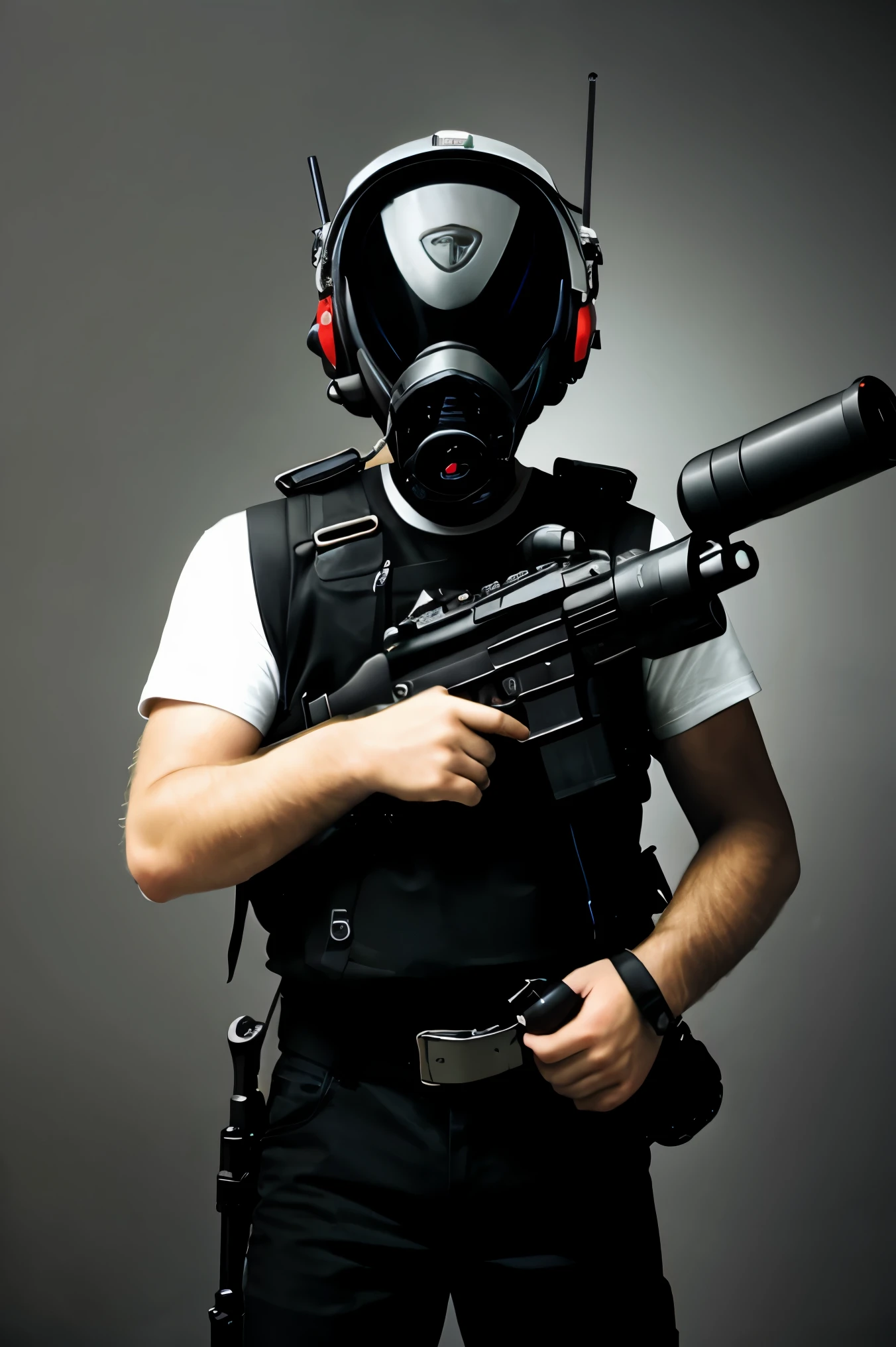Man with black shirt, black pants with gun holsters, gloves, a black gas mask with one sided filter, helmet, no face, vest, going through smoke
