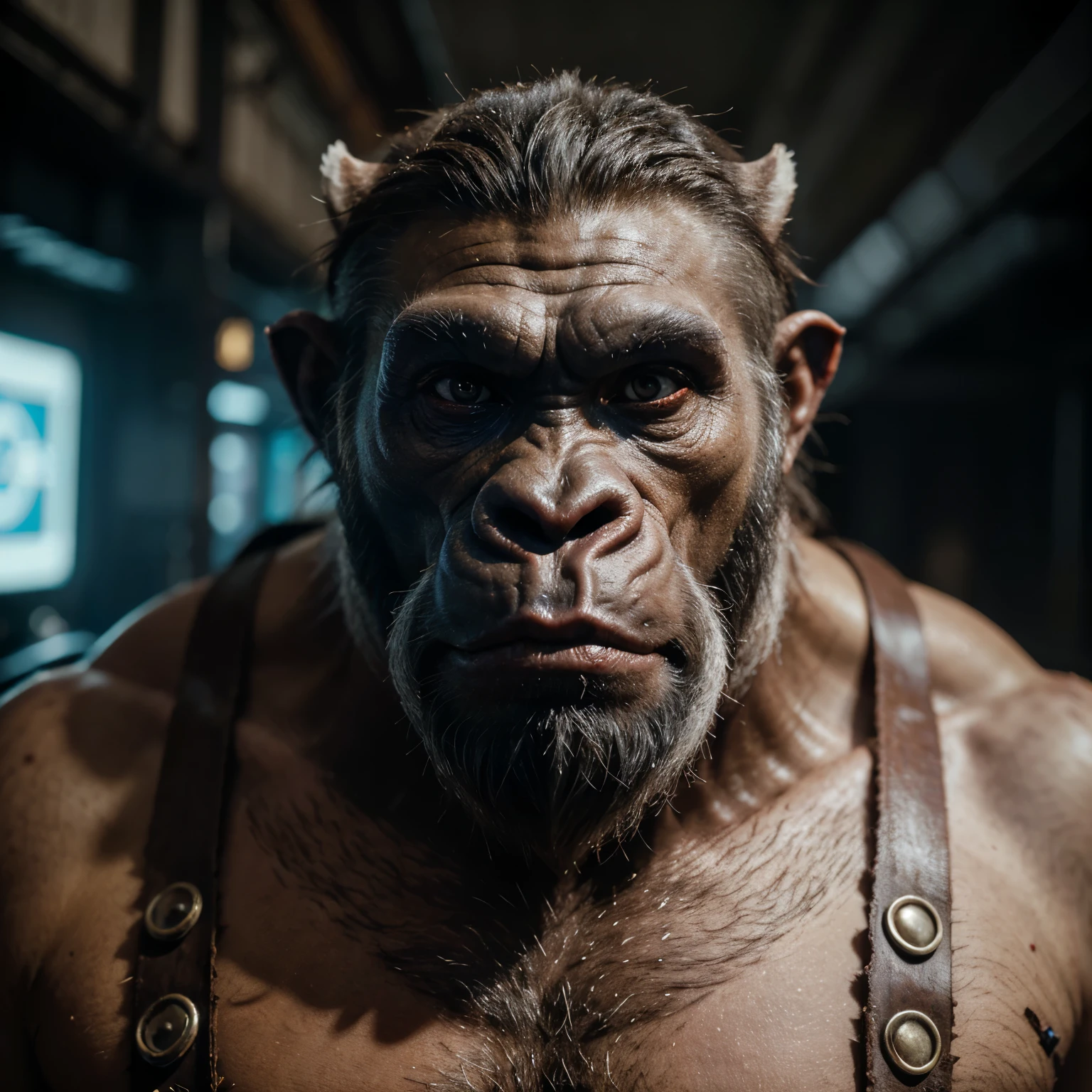 Sinister Hungry Bloodthirsty Hybrid Entity Fusion of White Gorilla with Wild Boar and Blue Orc
,horror, grain size-15, many small details, steampunk, cyberpunk,fantasy, fantasy, Monogram, Genetic Engineering, realistically, close-up, professional photo, a high resolution, High detail, ISO 200