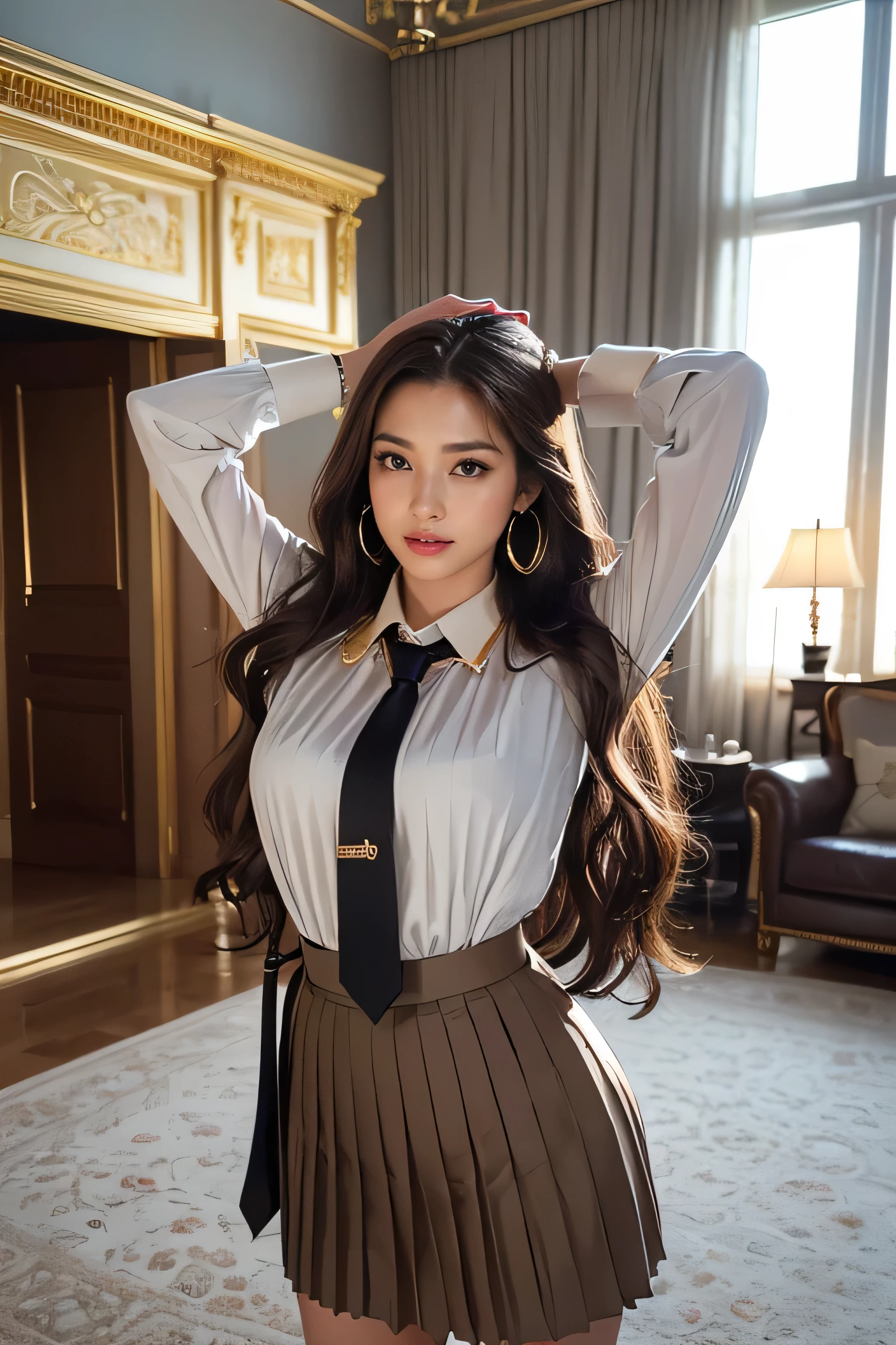 highest quality, masterpiece, 8k, Ultra-high resolution, (Realistic: 1.4), 1 girl, Beautiful Face, Symmetrical eyes, big, Perfect Body Proportions, ((((Extra long brown hair:1.2)))),((Loosely inward wavy hair:1.2)),((Gold Necklace_Large earrings:1.2)), The viewer's gaze, (((in a Luxurious room:1.3)),), Front view, Absolute area (1.3),A kind smile、Seems kind、Cowboy Shot、((white collared blouse、dark grey pleated skirt with tie:1.3))((full figure supermodel standing, entire body in frame))fullbody shot、((arms up:1.3)),