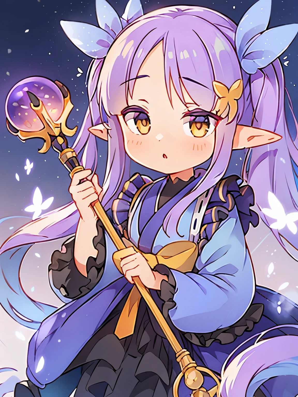 Light purple hair, Center-parted bangs, Big yellow eyes, Chibi,Pointy Ears,blue hair ornament,