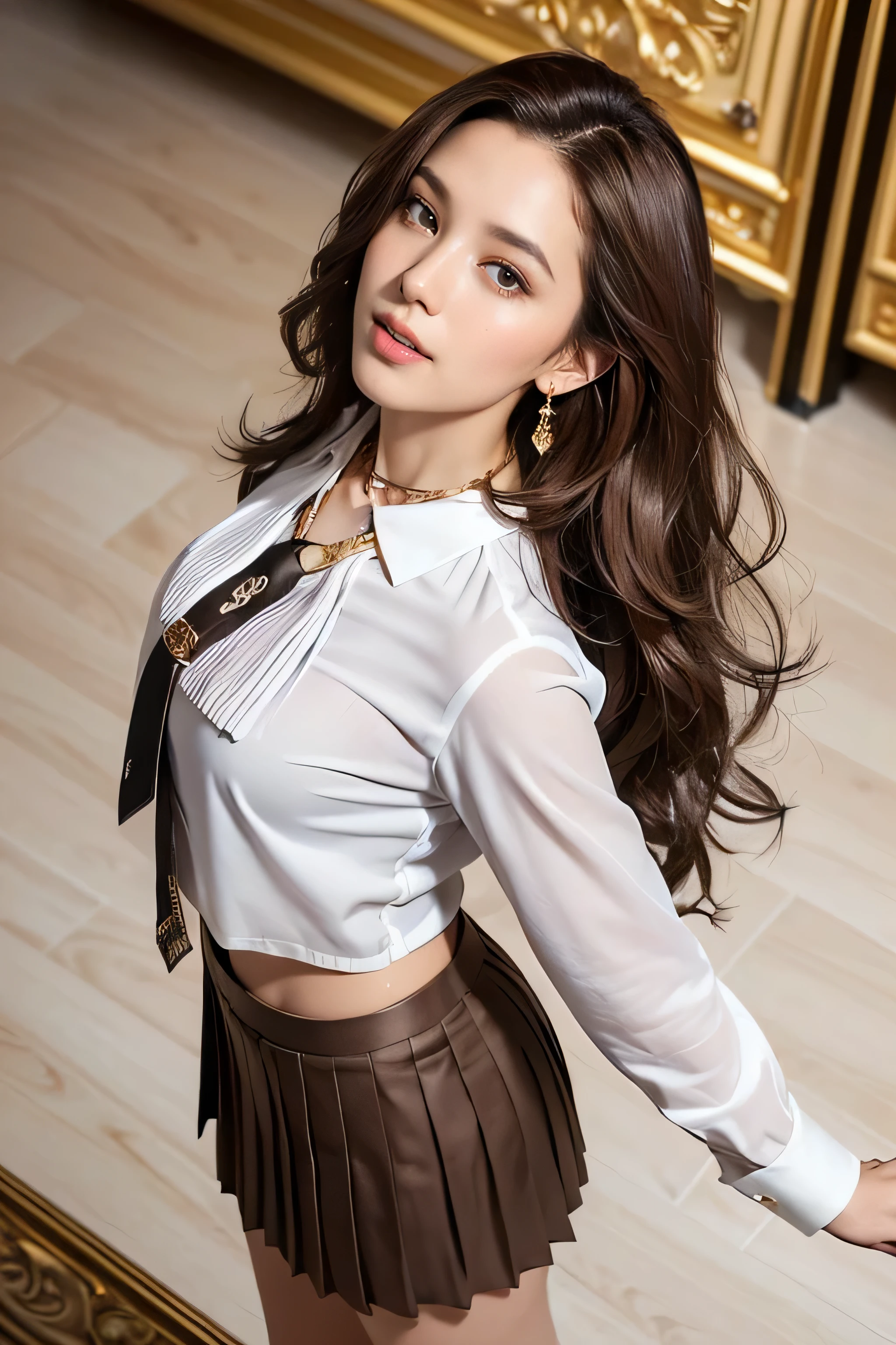 highest quality, masterpiece, 8k, Ultra-high resolution, (Realistic: 1.4), 1 girl, Beautiful Face, Symmetrical eyes, big, Perfect Body Proportions, ((((Extra long brown hair:1.2)))),((Loosely inward wavy hair:1.2)),((Gold Necklace_Large earrings:1.2)), The viewer's gaze, (((in a Luxurious room:1.3)),), Front view, Absolute area (1.3),A kind smile、Seems kind、Cowboy Shot、((white collared blouse、dark grey pleated skirt with tie:1.3))((full figure supermodel standing, entire body in frame))fullbody shot、((hands behind back:1.3)),((From an oblique angle above:1.5)),