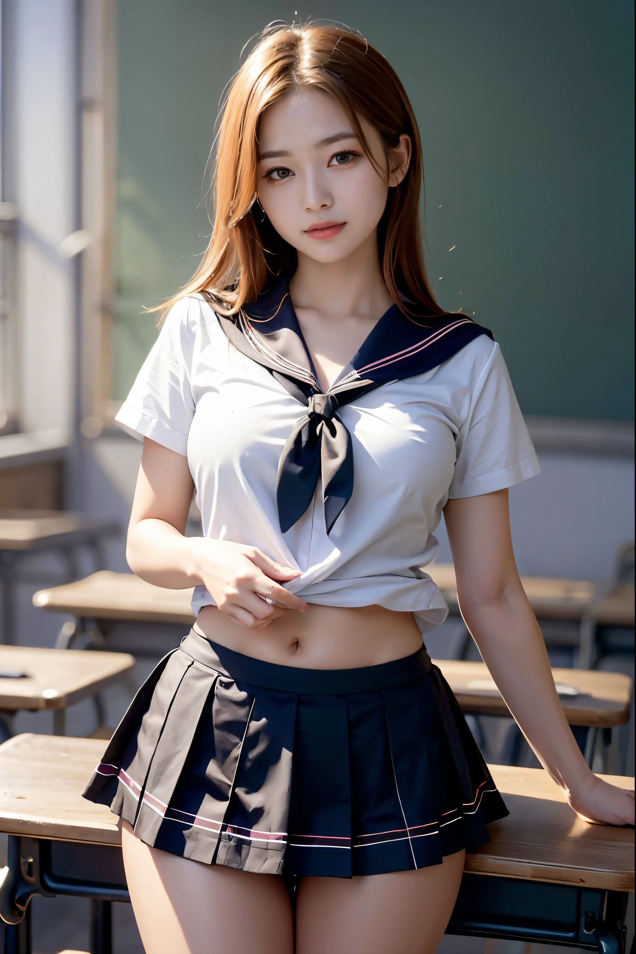 (reality: 1.4),highest quality, masterpiece, high detail, 16K quality, beautiful, 1 beautiful girl,japanese,super beautiful face,baby face,japanese idol face,cute face,super detailed face,detailed hand,beautiful skin,oily skin,big eyes,profeccional lighting,medium hair,black hair,brown beautiful eyes, big smile,standing, (skirt lift),big breasts,(sailor suit),(checked skirt),white panties,(showing panties),black high socks,spread legs, she is looking at the camera,classroom, nsfw,from below,