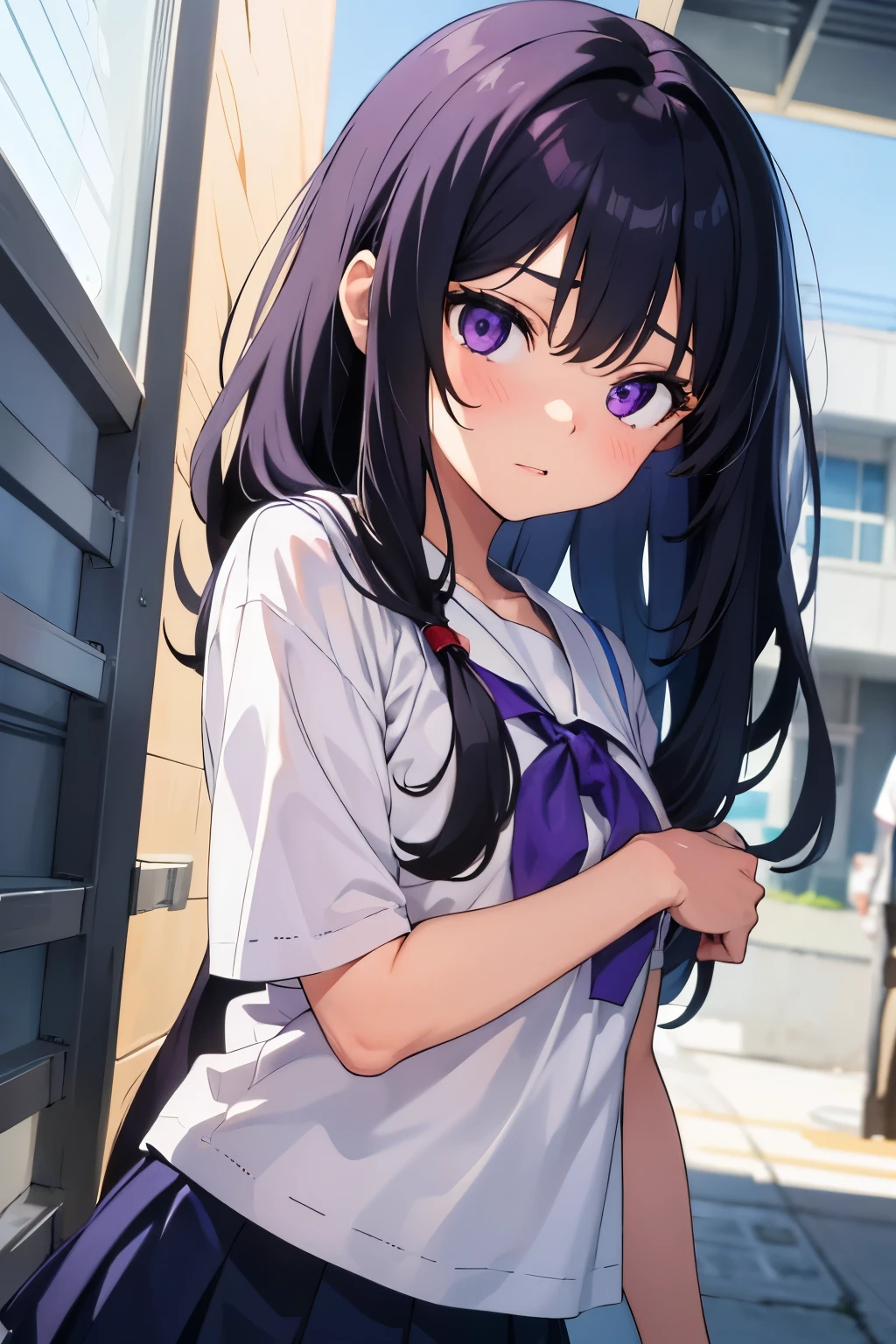 8-year-old　Elementary school girl　Flat Chest　Black Hair　Long Hair　Purple Eyes　1 person　White T-shirt on upper body　navy blue mini skirt　White panties　Dynamic Angle　Low - Angle