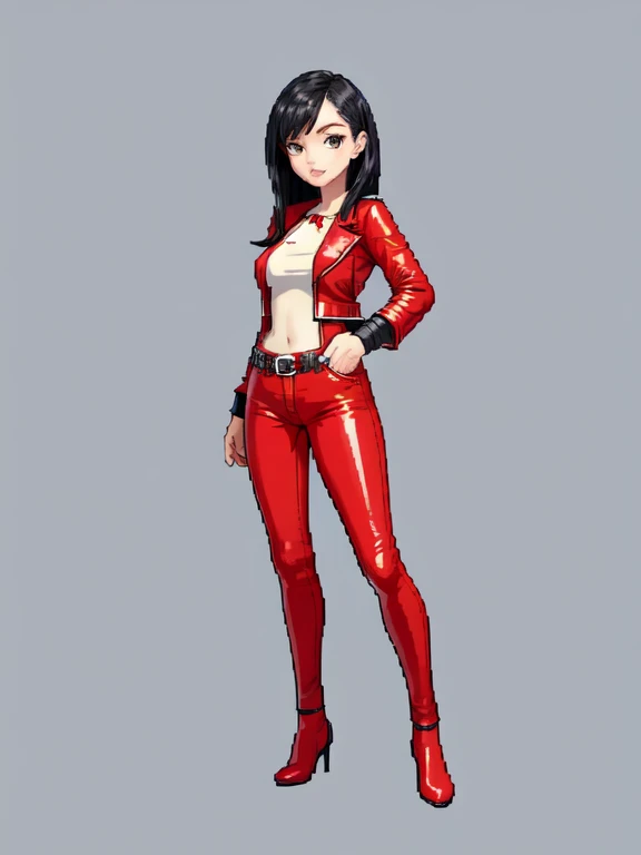 (masterpiece, top quality, best quality), pixel,pixel art,1women,red shoes,red pants,leather jacket,shortblack hair,full body,