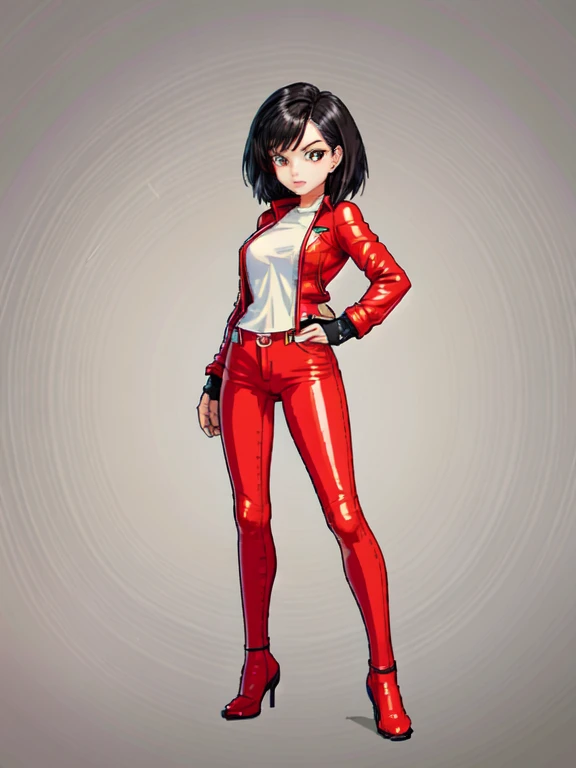 (masterpiece, top quality, best quality), pixel,pixel art,1women,red shoes,red pants,leather jacket,shortblack hair,full body,