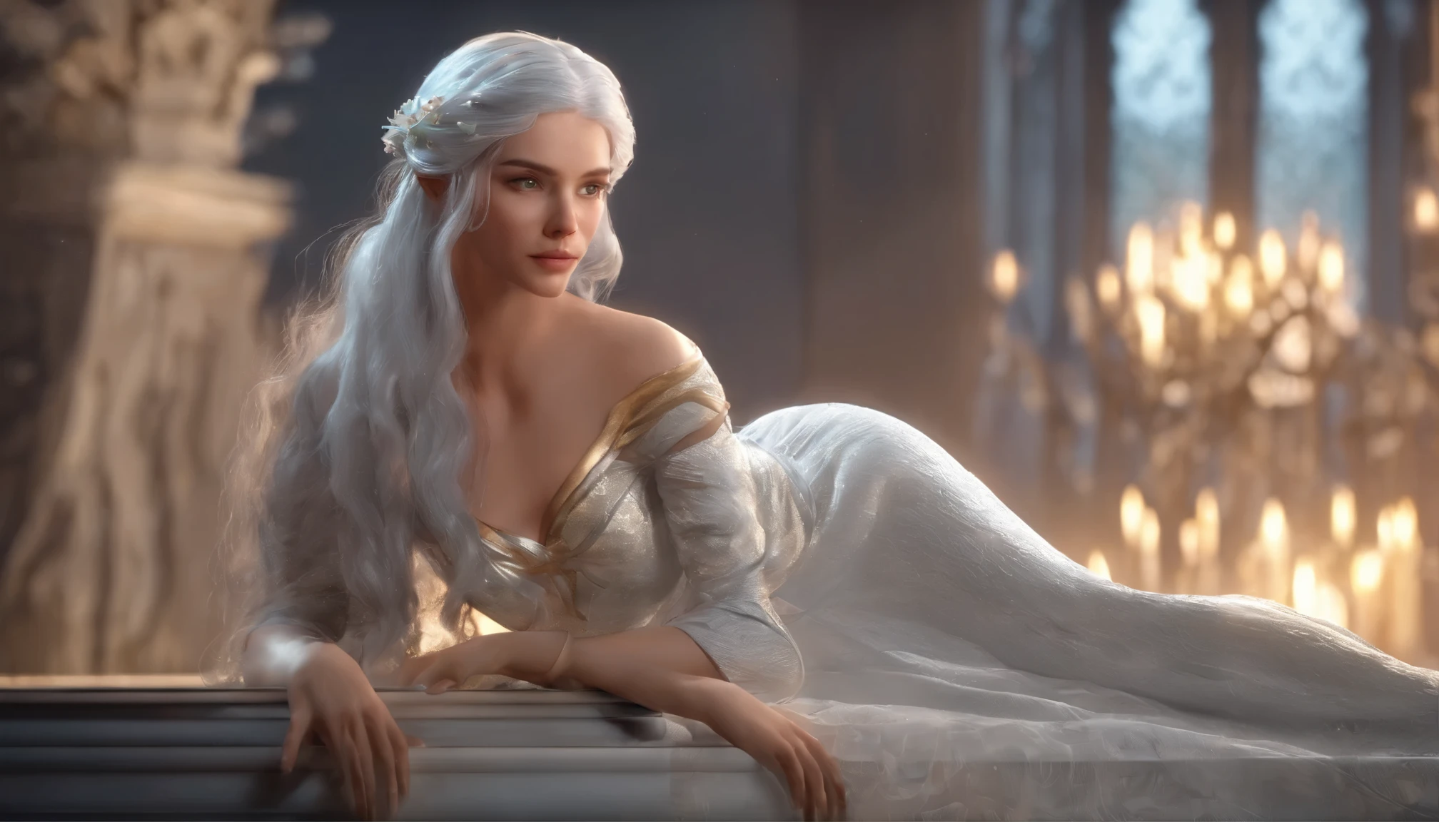 Realistic,8k,In the dark,silver-haired elf princess,sad look,sadder look,elf Beautiful princess,whole body,bulging chest,beautiful pure white dress,20s in human age