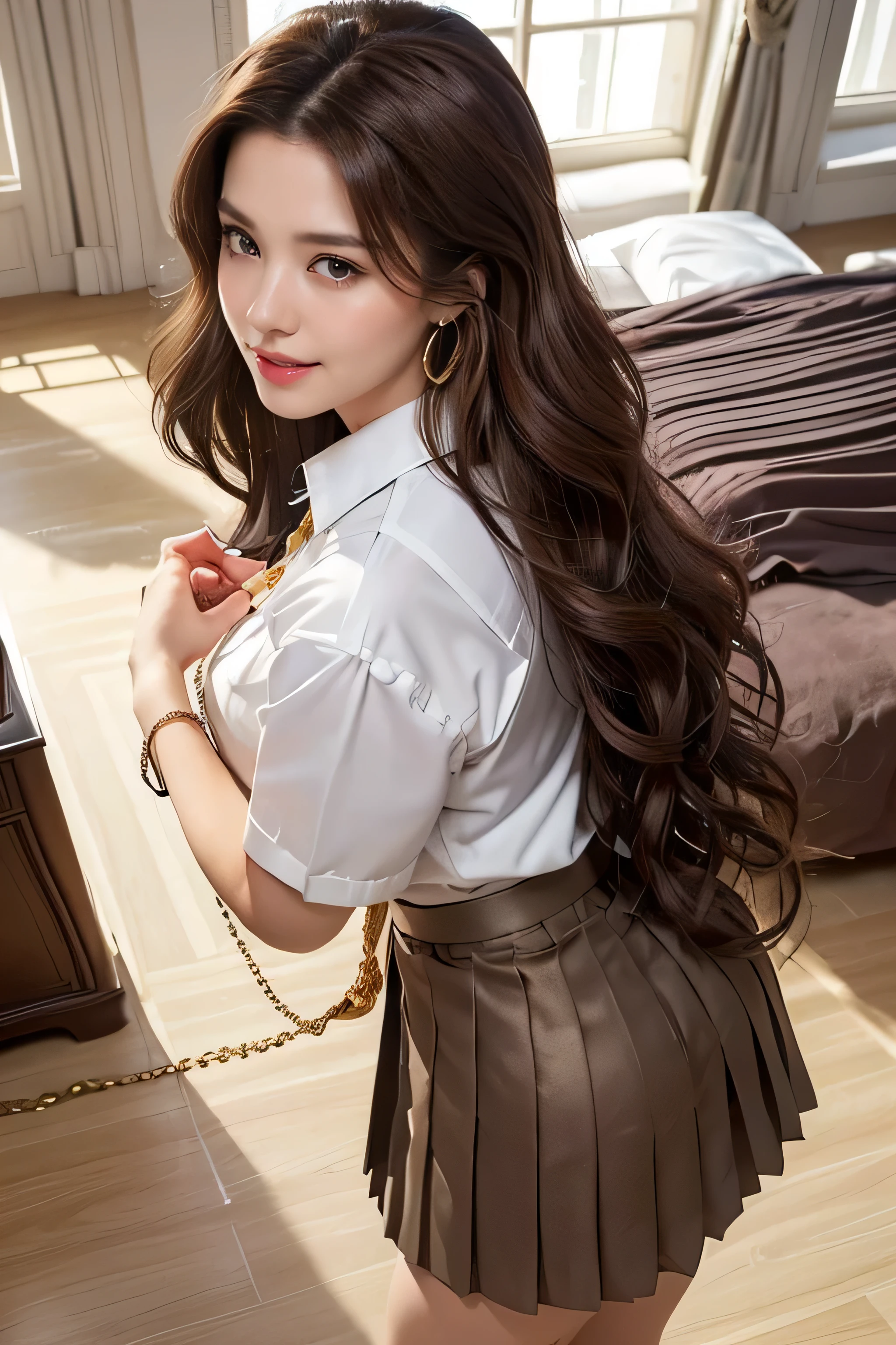 highest quality, masterpiece, 8k, Ultra-high resolution, (Realistic: 1.4), 1 girl, Beautiful Face, Symmetrical eyes, big, Perfect Body Proportions, ((((Extra long brown hair:1.2)))),((Loosely inward wavy hair:1.2)),((Gold Necklace＿Large earrings:1.2)), The viewer&#39;s gaze, (((in a Luxurious room:1.3)),), Front view, Absolute area (1.3),A kind smile、Seems kind、Cowboy Shot、((white collared blouse、dark grey pleated skirt with tie:1.3))((full figure supermodel standing, entire body in frame))fullbody shot、((hands behind back:1.3)),((From an oblique angle above:1.5)),