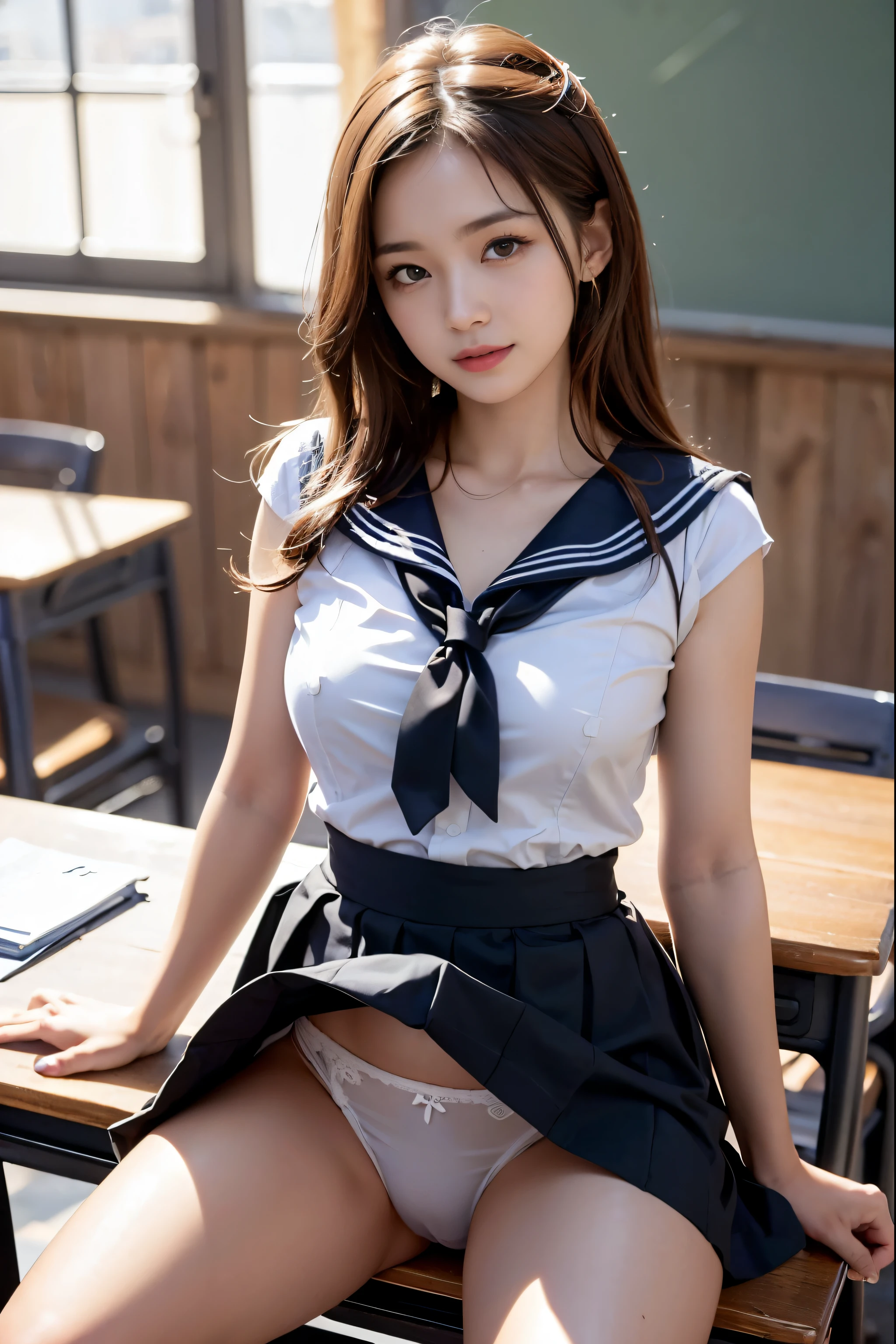 (reality: 1.4),highest quality, masterpiece, high detail, 16K quality, beautiful, 1 beautiful girl,japanese,super beautiful face,,japanese idol face,cute face,super detailed face,detailed hand,beautiful skin,oily skin,big eyes,profeccional lighting,medium hair,black hair,brown beautiful eyes, big smile,standing, (skirt lift),big breasts,(sailor suit),(checked skirt),white panties,(showing panties),black high socks,spread legs, she is looking at the camera,classroom, nsfw,from below,