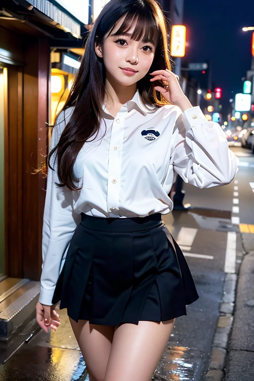 ((highest quality)), ((masterpiece)), (detailed), Perfect Face Long Hair bangs White Uniform Tokyo night view Ameyoko Panda whole body Knee-length skirt beckoning cat pose